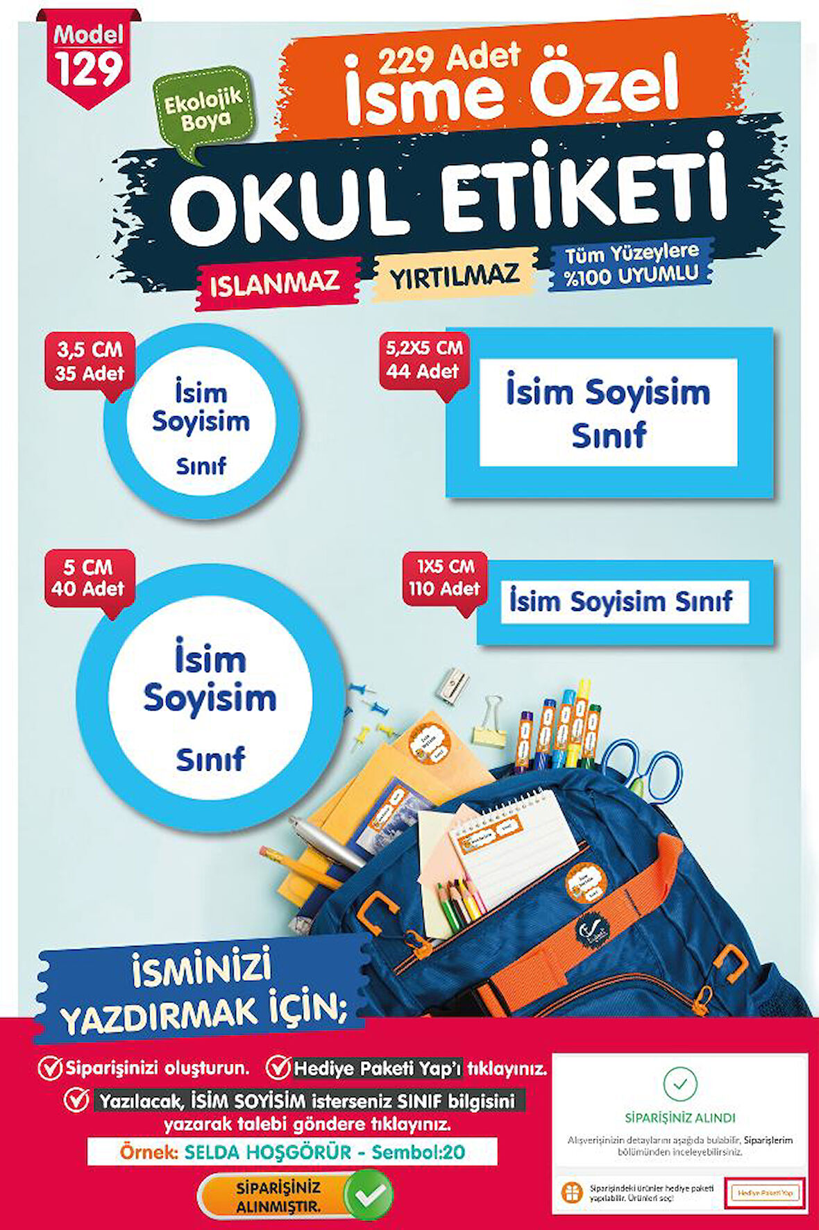 Okul Etiketi Mavi  beyaz Çerçeve  Temalı Kalem Defter Etiketi Özel İsim Yazılabilen Etiket Seti - İsim Etiketi-T1051-OE129