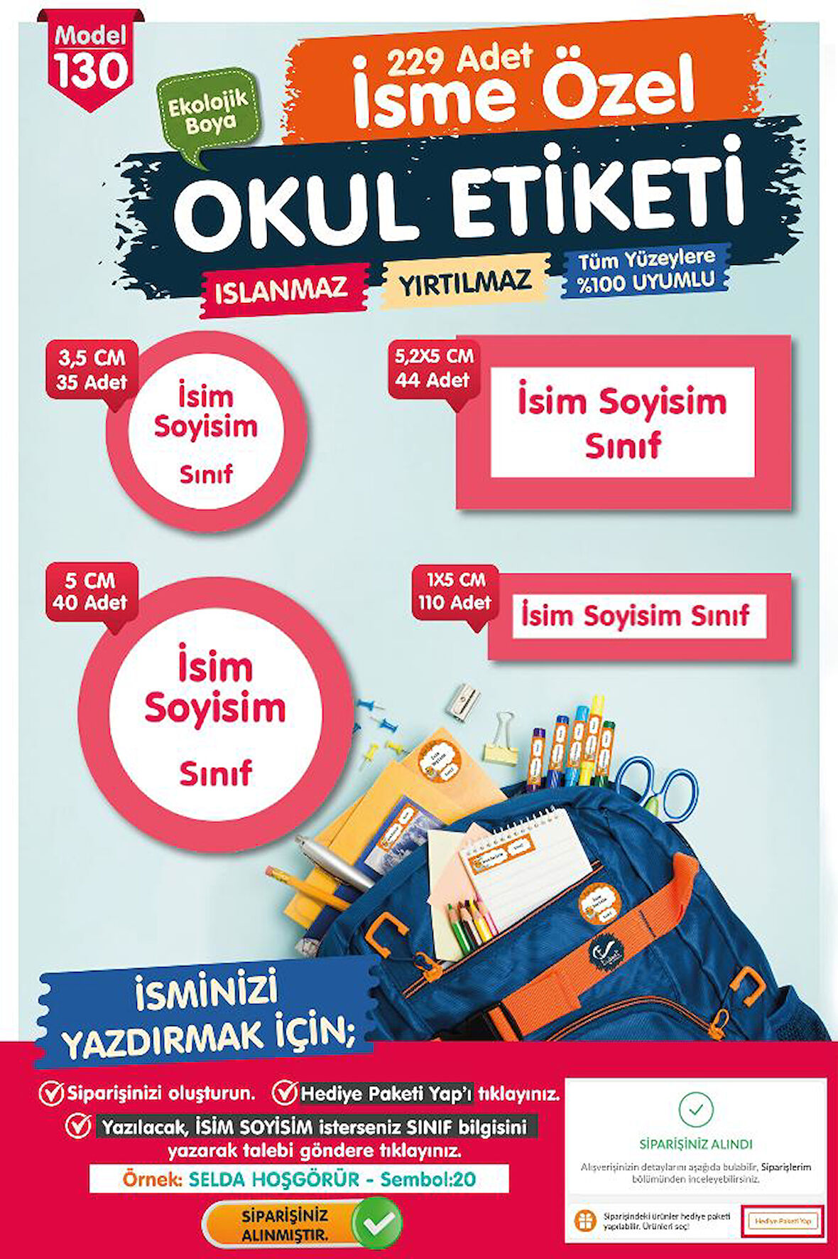 Okul Etiketi Pembe  beyaz Çerçeve  Temalı Kalem Defter Etiketi Özel İsim Yazılabilen Etiket Seti - İsim Etiketi-T1052-OE130