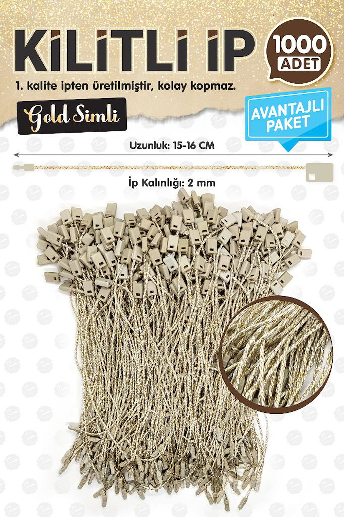 Kilitli İp Renkli Asmalı Etiket Bağlama İpi Lock String Tag Rope 1000 Adet Gold Simli-T1075