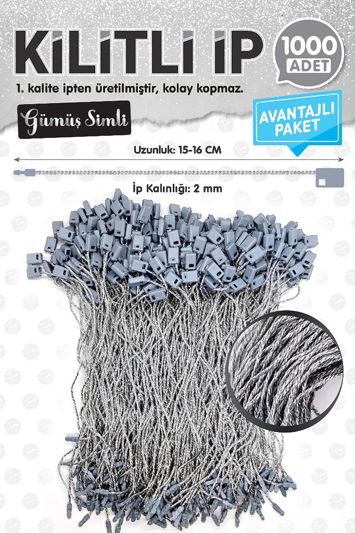 Kilitli İp Renkli Asmalı Etiket Bağlama İpi Lock String Tag Rope 1000 Adet Gümüş Simli-T1076