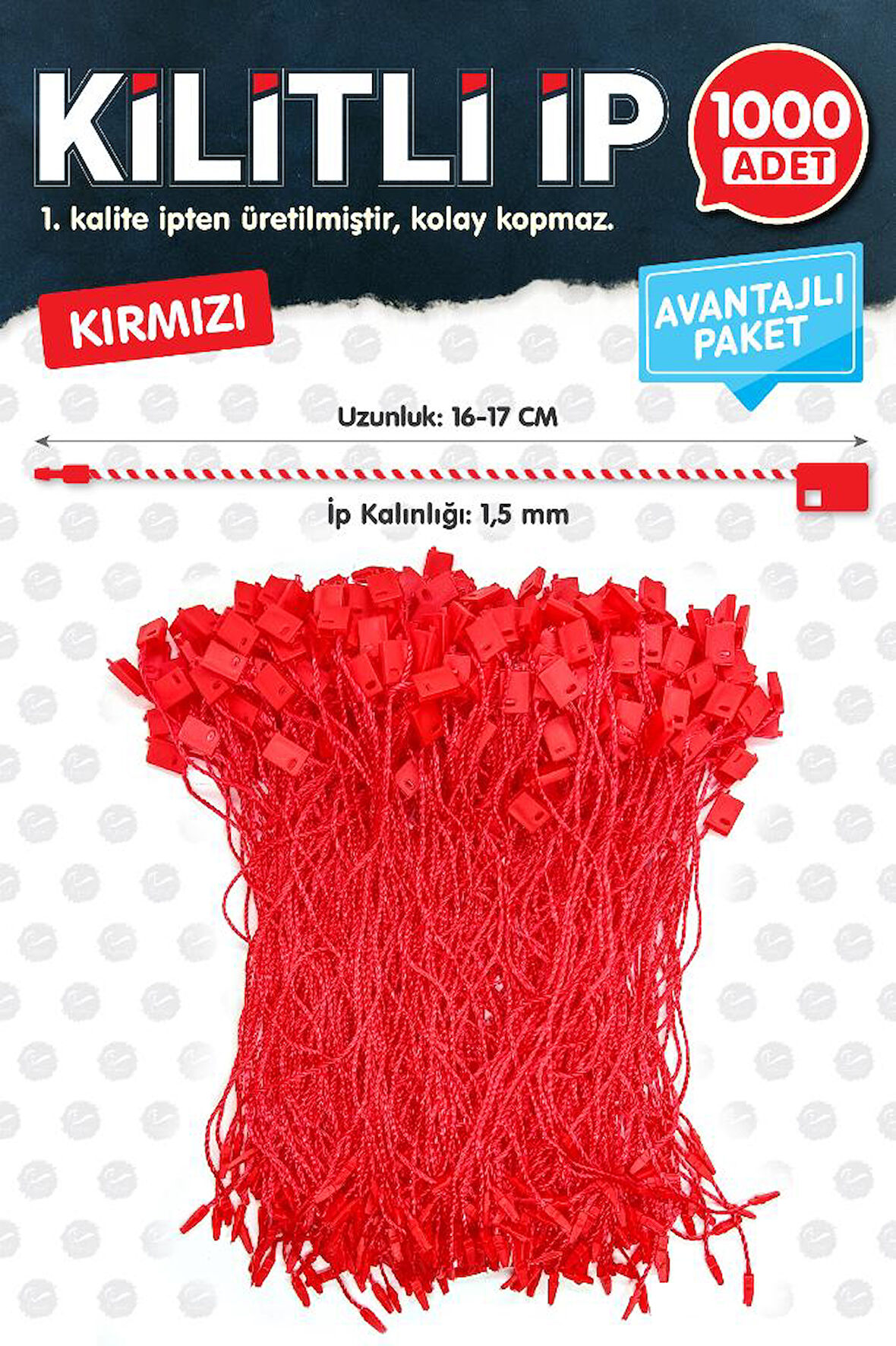 Kilitli İp Renkli Asmalı Etiket Bağlama İpi Lock String Tag Rope 1000 Adet Kırmızı-T1077