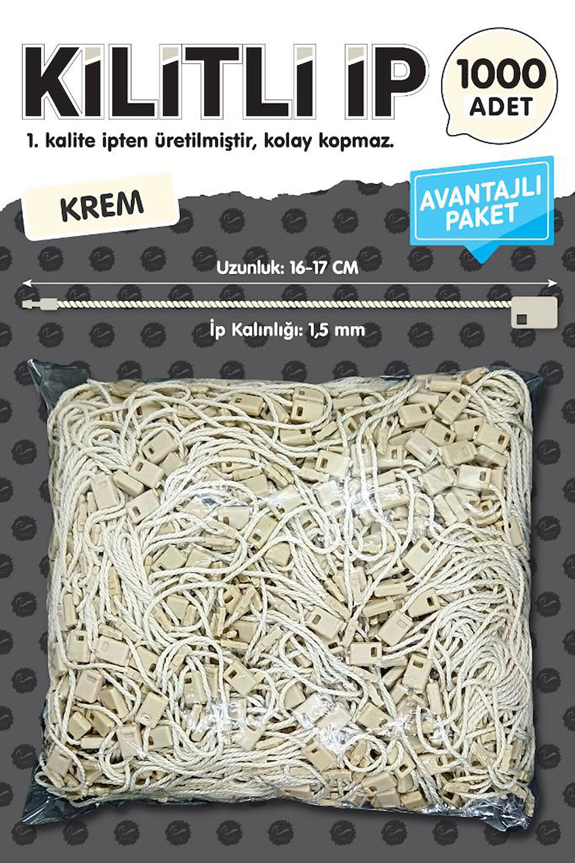 Kilitli İp Renkli Asmalı Etiket Bağlama İpi Lock String Tag Rope 1000 Adet Krem-T1083