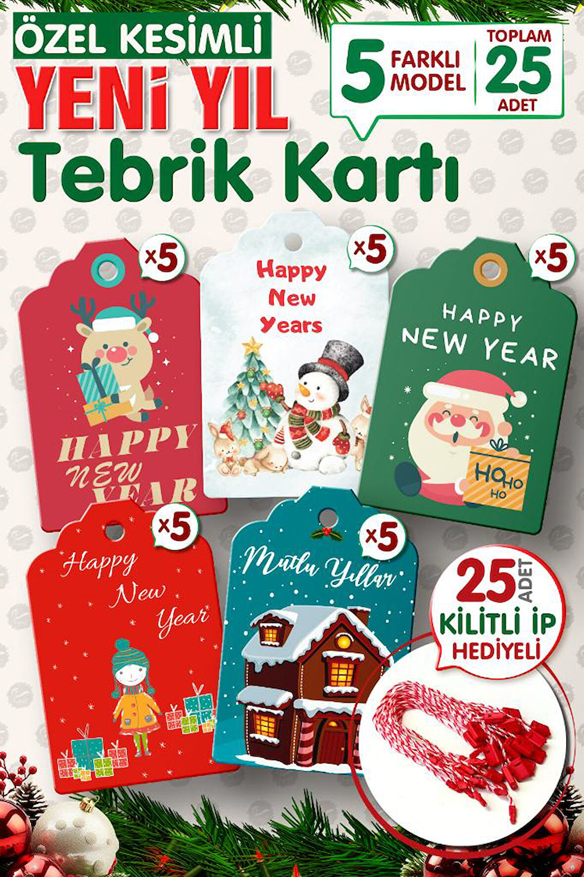 Yılbaşı Hediye Paketi Etiketi 25 Adet 7x4,5 Cm  , 25 Adet Kilitli İp Hediyeli - Happy New Year   Y4-T1107