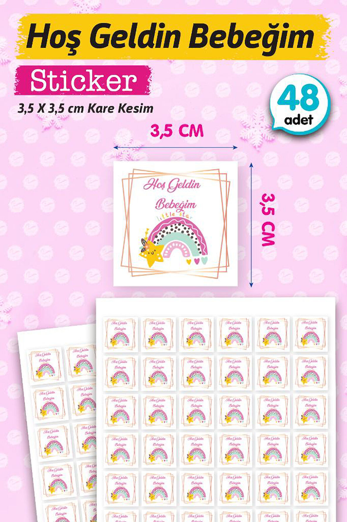 Hoş geldin Bebeğim Etiket Kare 3,5cm (kız) 48 Adet Bebek- Yenidoğan  Hediyelik - Çikolata Etiketi Sticker -T1125