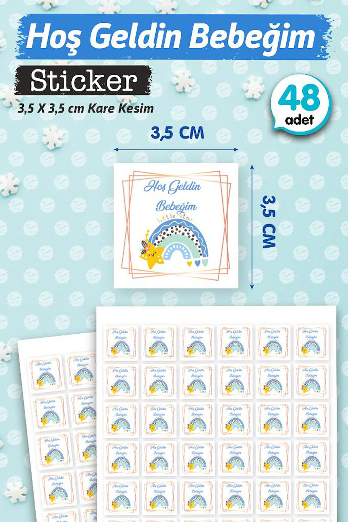 Hoş geldin Bebeğim Etiket Kare 3,5cm (erkek) 48 Adet Bebek- Yenidoğan  Hediyelik - Çikolata Etiketi Sticker -T1126