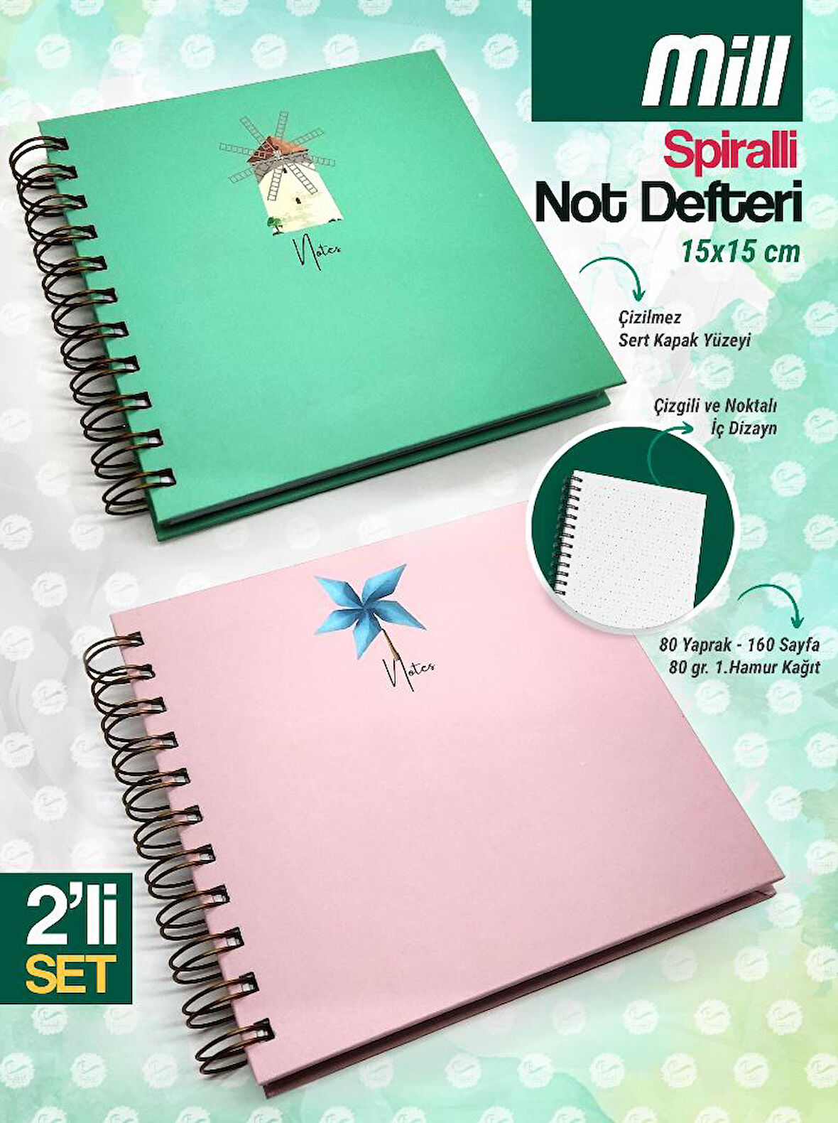 15x15 Cm Kare 2'li Set Spiralli Çizgili-Noktalı Tarihsiz Ajanda Not Defteri Mill-T1132