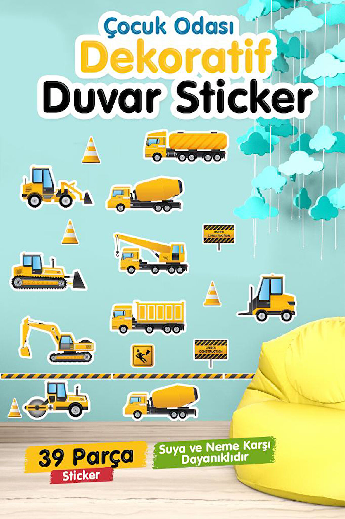  İş Makineleri Çocuk Odası Duvar Etiketleri Duvar Sticker Seti Inşaat Araçları, Vinç, Kamyon, Buldozer-T1181