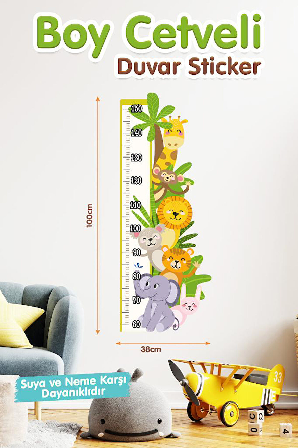 Sevimli Hayvanlar Temalı Boy Ölçer Boy Ölçme Cetveli Çocuk Odası Duvar Sticker Seti Kreş Anasınıfı-T1196