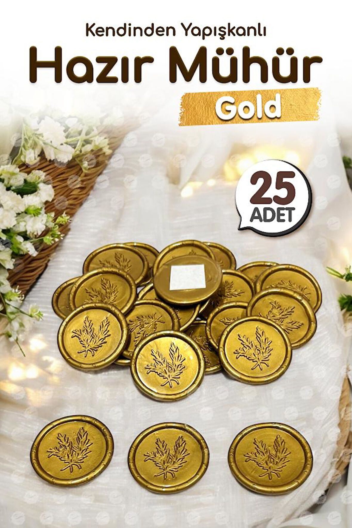 Hazır Mum Mühür Kendinden Etiketli Yapışkanlı Mum Mührü 25 Adet  Gold Mühür-T1215
