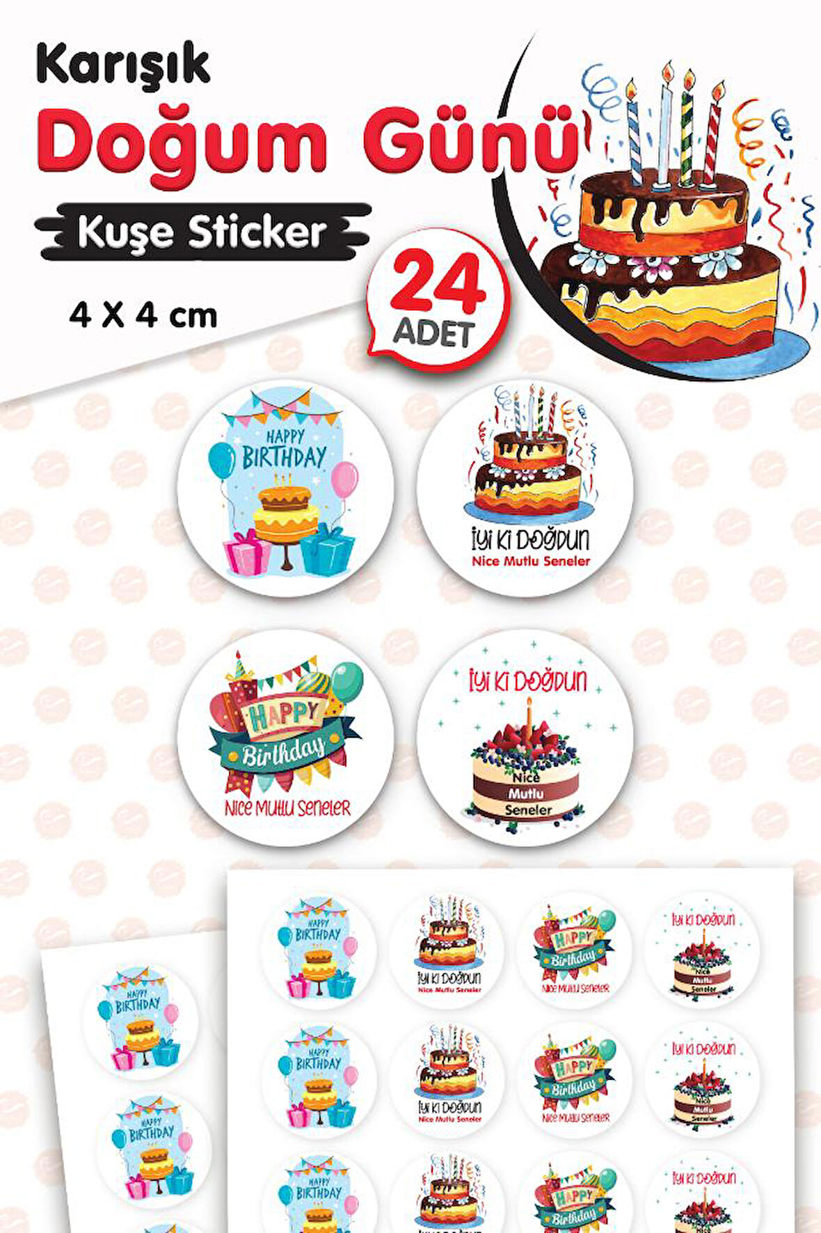 Karışık Doğum Günü Sticker Etiket 4 cm 24 Adet Happy Birthday,Nice Mutlu Seneler, İyi Ki Doğdun -T1468