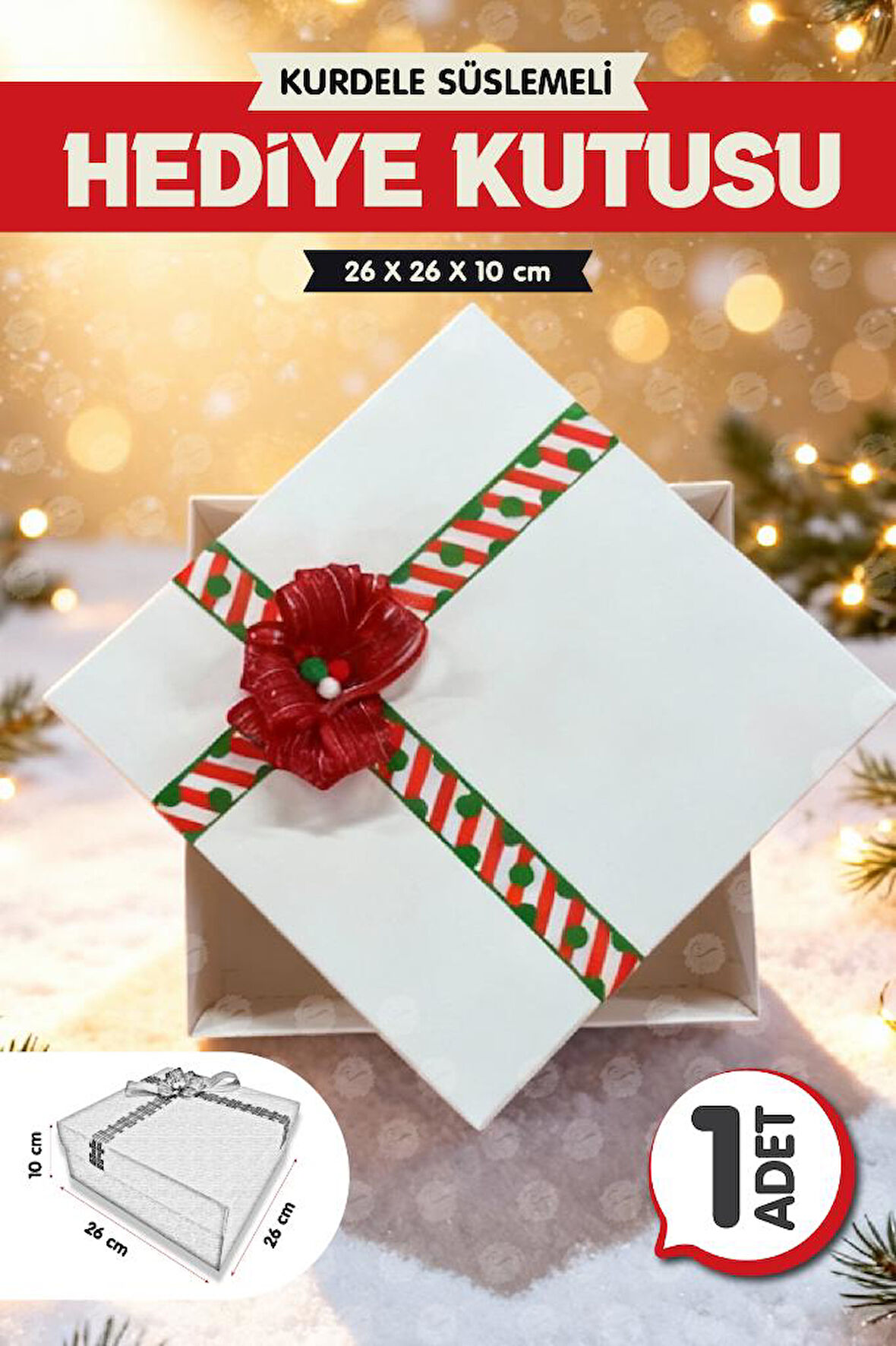 Yılbaşı Temalı Kurdele Süslemeli Beyaz 25x25x10 cm Boş Hediye Kutusu 1Adet,Yılbaşı Hediye Kutusu-T1491