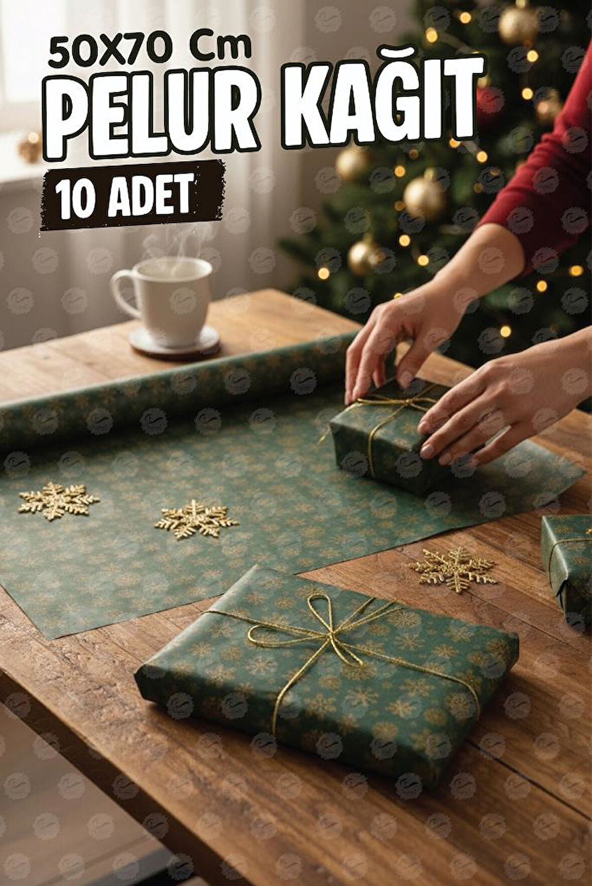 Yılbaşı Kar Tanesi  Desenli  Yeşil Gold Pelur Kağıt , Kırmızı Yılbaşı Hediye Paketi, Pelur Kağıdı, Yeni Yıl Paket-T1512