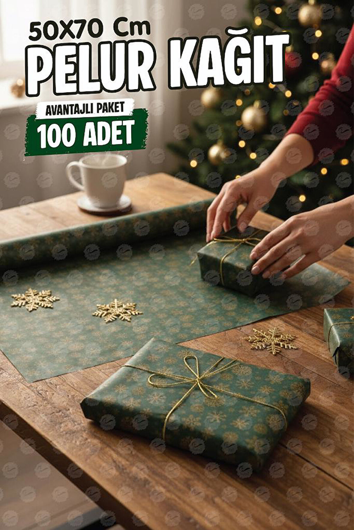 Yılbaşı Kar Tanesi  Desenli  Yeşil Gold Pelur Kağıt , Kırmızı Yılbaşı Hediye Paketi, Pelur Kağıdı, 100 Adet-T1513