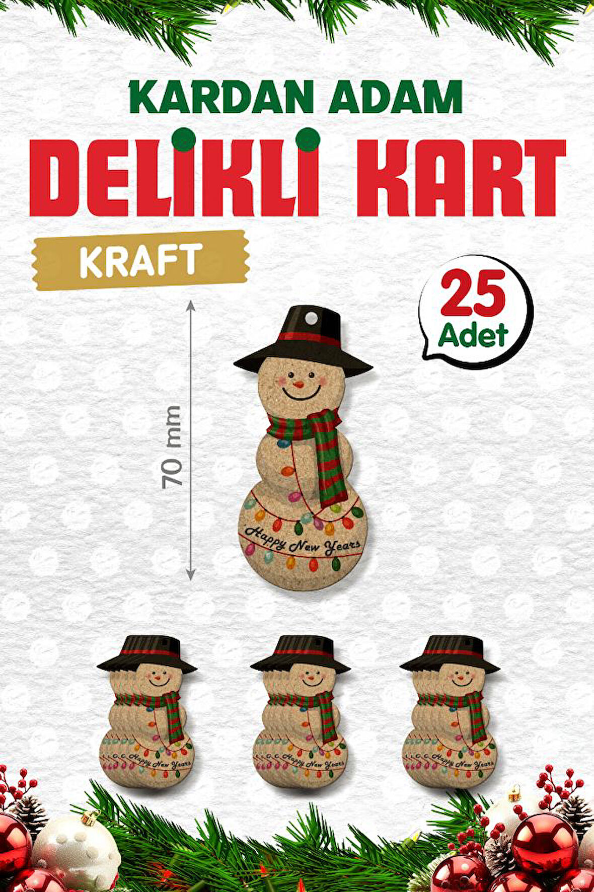 Yılbaşı Kartı Etiket (DELİKLİ) Yeni Yıl Hediye Ürün Etiketi Yılbaşı Süsü 25 Adet Hediye Kartı Kraft-T1523