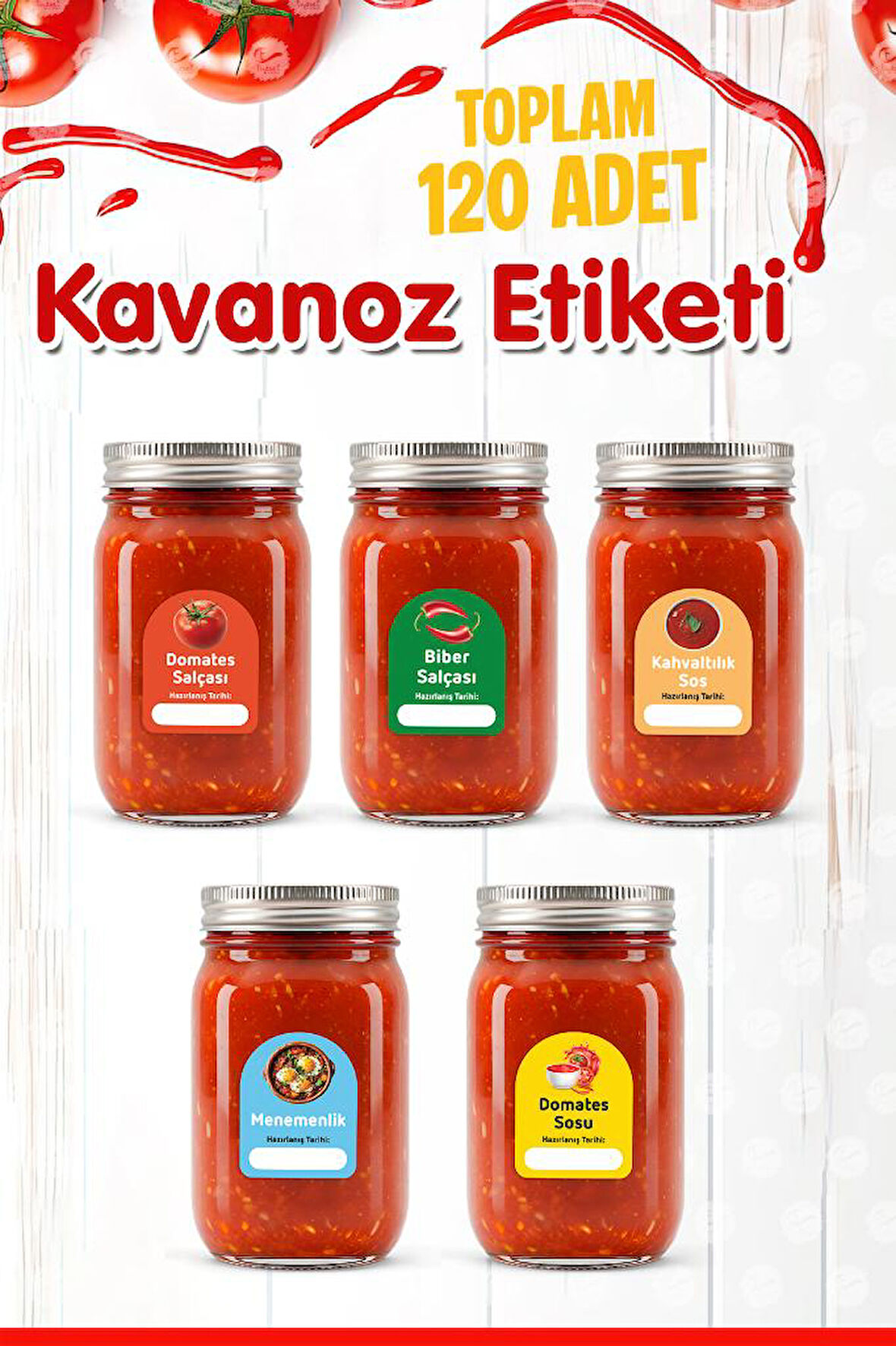 Domates Biber Salça Kavanoz Etiket Sos Etiketleri, Menemenlik Kahvaltılık Sos Etiket 3,5x4,5 120 Adet-T1534