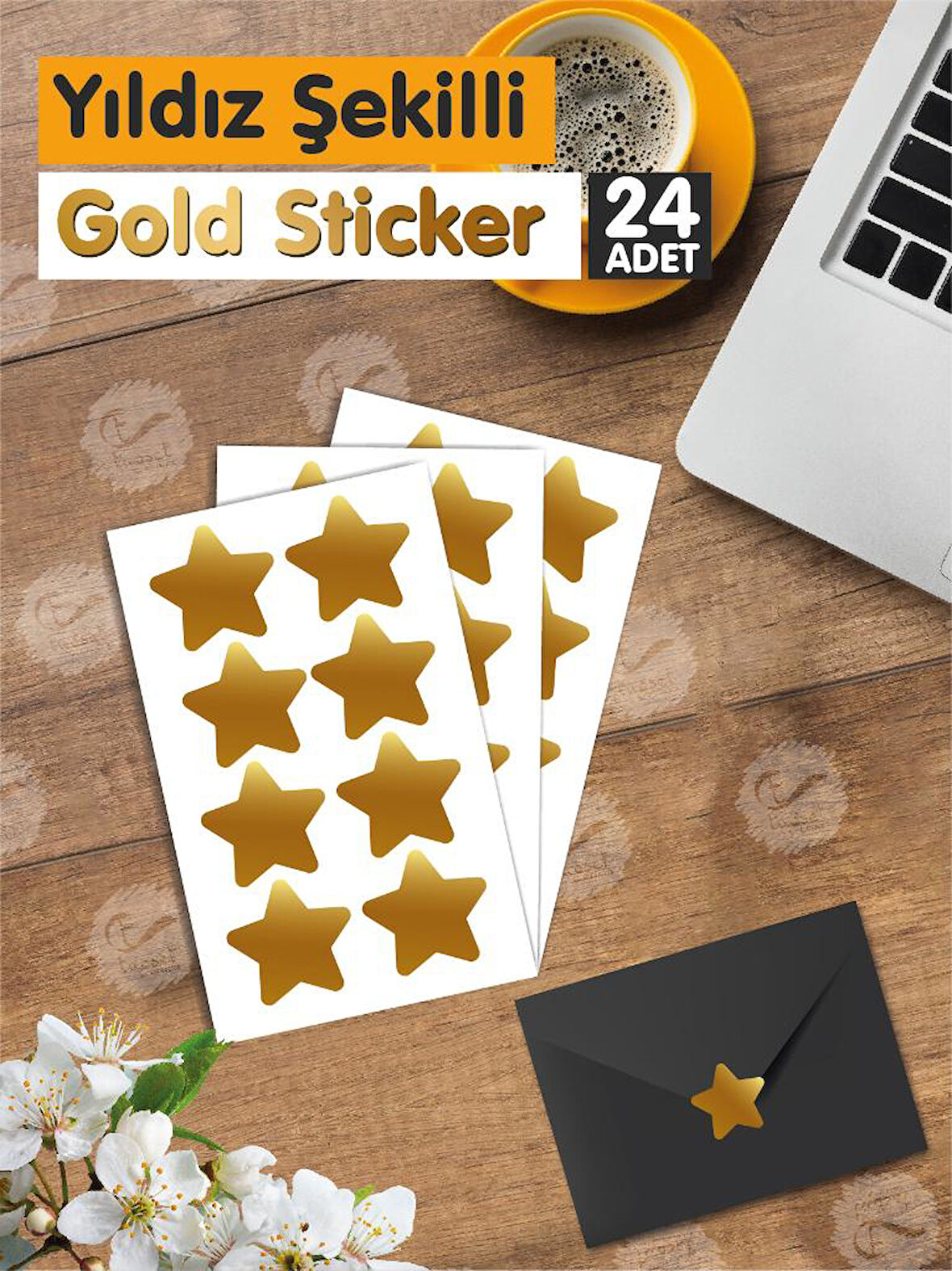 Yapışkanlı Yıldız Şekilli Gold Sticker Etiket Hediye Paketleme Parti Hediyeleri 24 Adet 3x2,5 Cm-T269