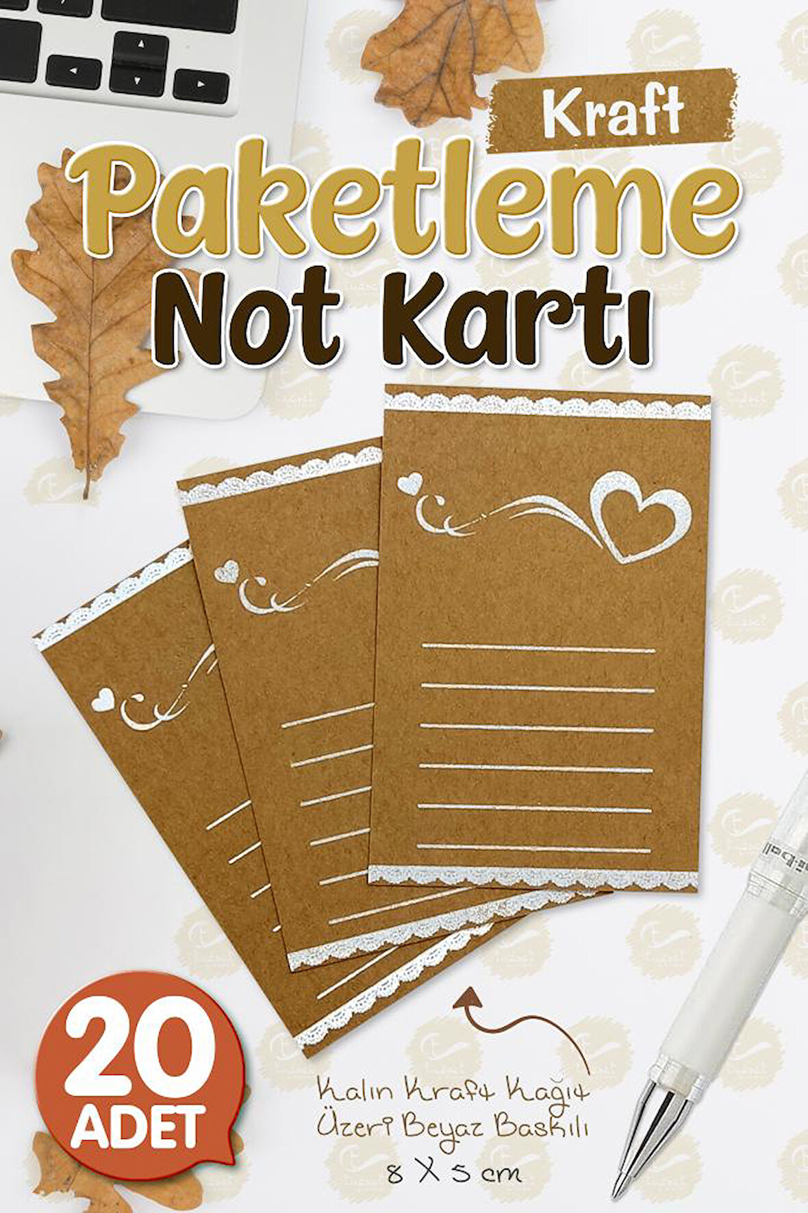 Kraft Not Kartı- Tebrik Kartı- Teşekkür Kartı Kraft Kart 20 Adet Kalp-T392