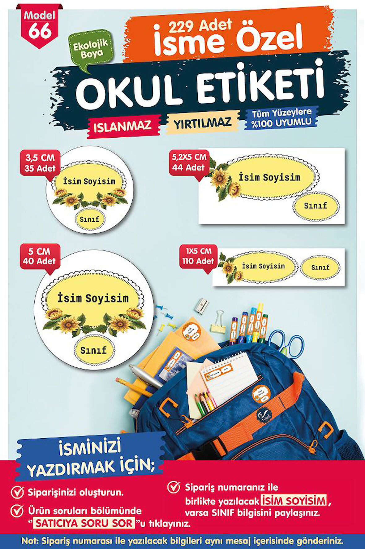 Okul Etiketi Kalem Defter Etiketi Özel İsim Yazılabilen Etiket Seti - İsim Etiketi-T512-OE66