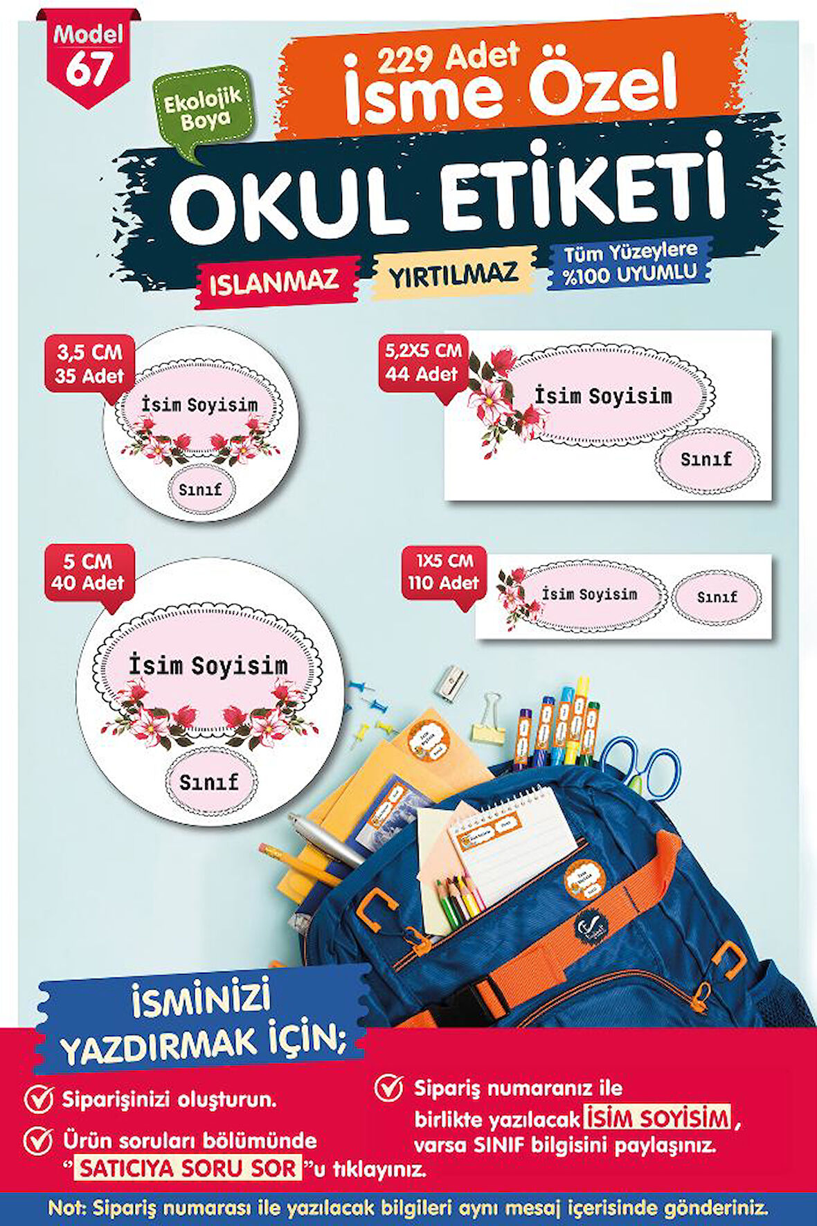 Okul Etiketi Kalem Defter Etiketi Özel İsim Yazılabilen Etiket Seti - İsim Etiketi-T513-OE67