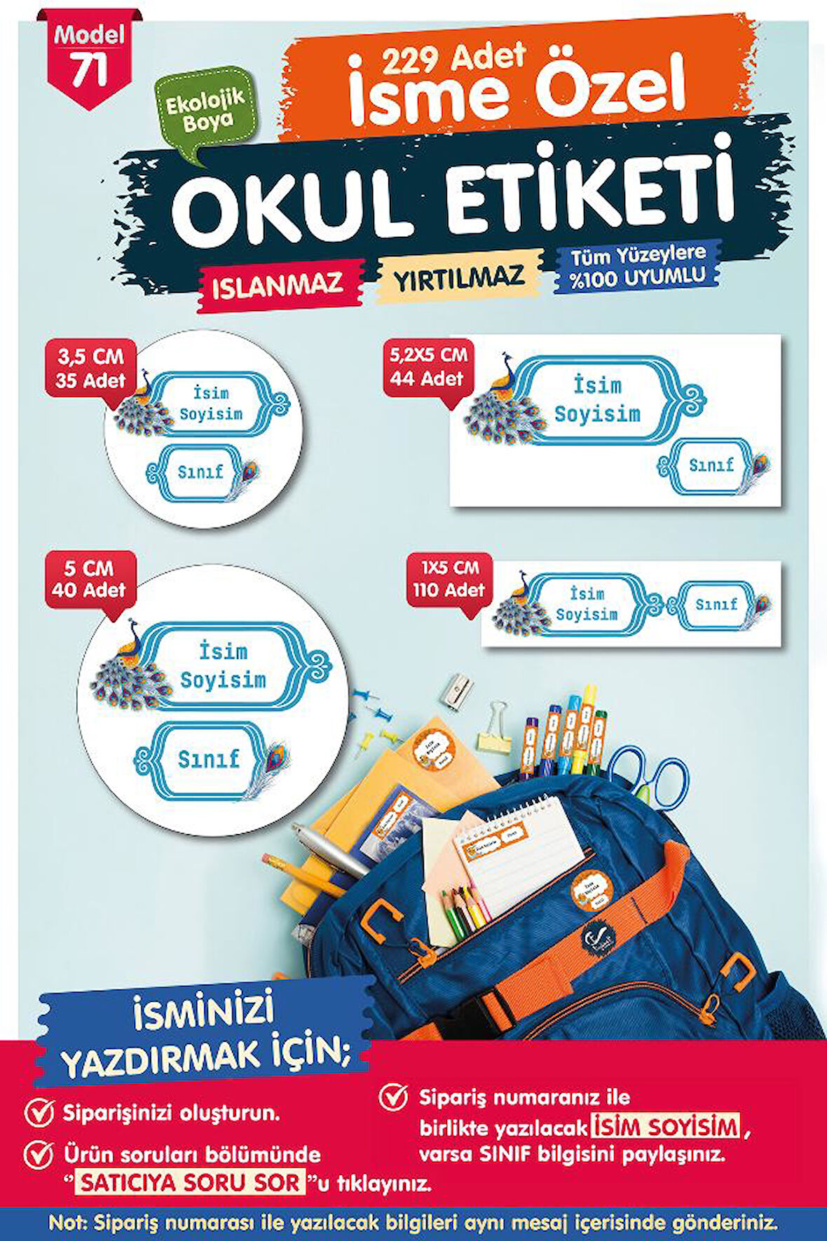 Okul Etiketi Kalem Defter Etiketi Özel İsim Yazılabilen Etiket Seti - İsim Etiketi-T517-OE71