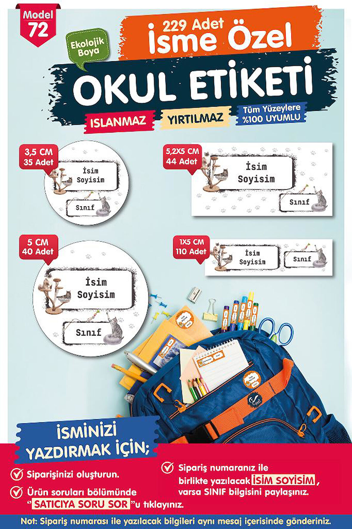 Okul Etiketi Kalem Defter Etiketi Özel İsim Yazılabilen Etiket Seti - İsim Etiketi-T518-OE72