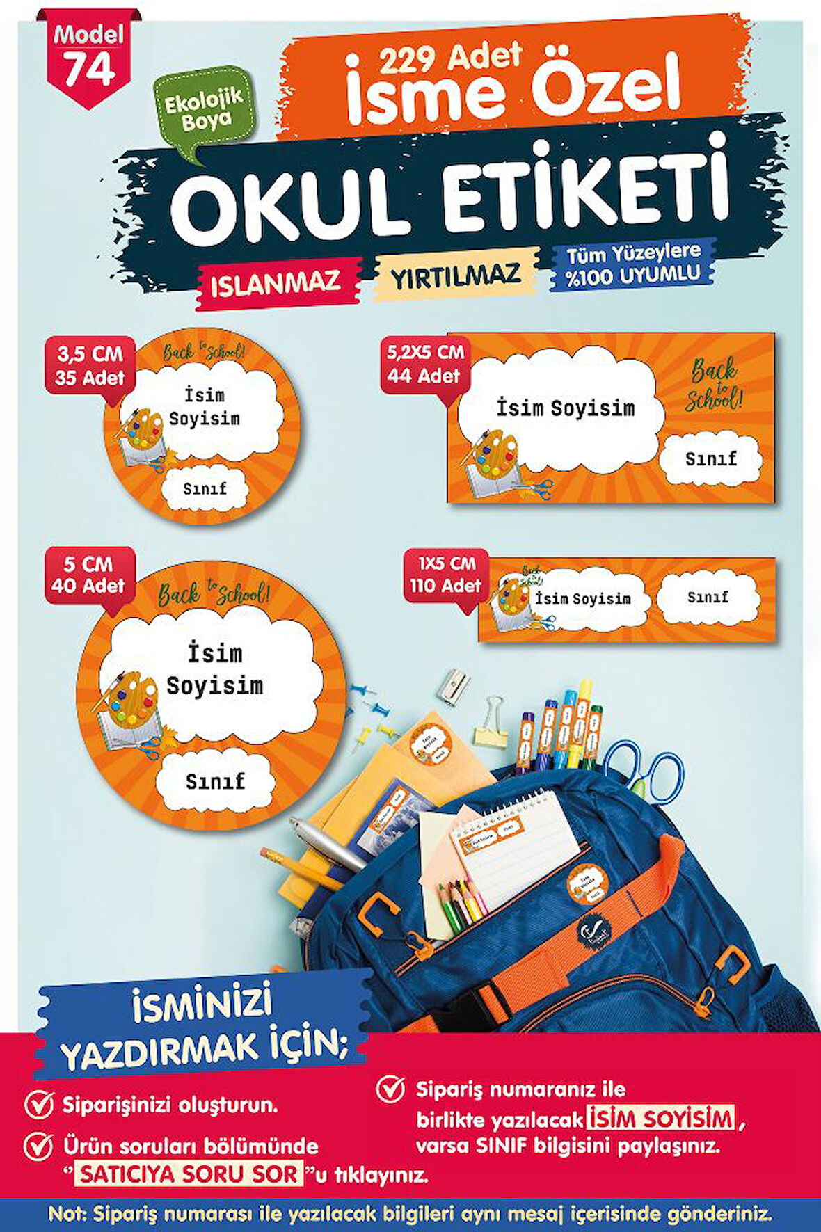 Okul Etiketi Kalem Defter Etiketi Özel İsim Yazılabilen Etiket Seti - İsim Etiketi-T520-OE74