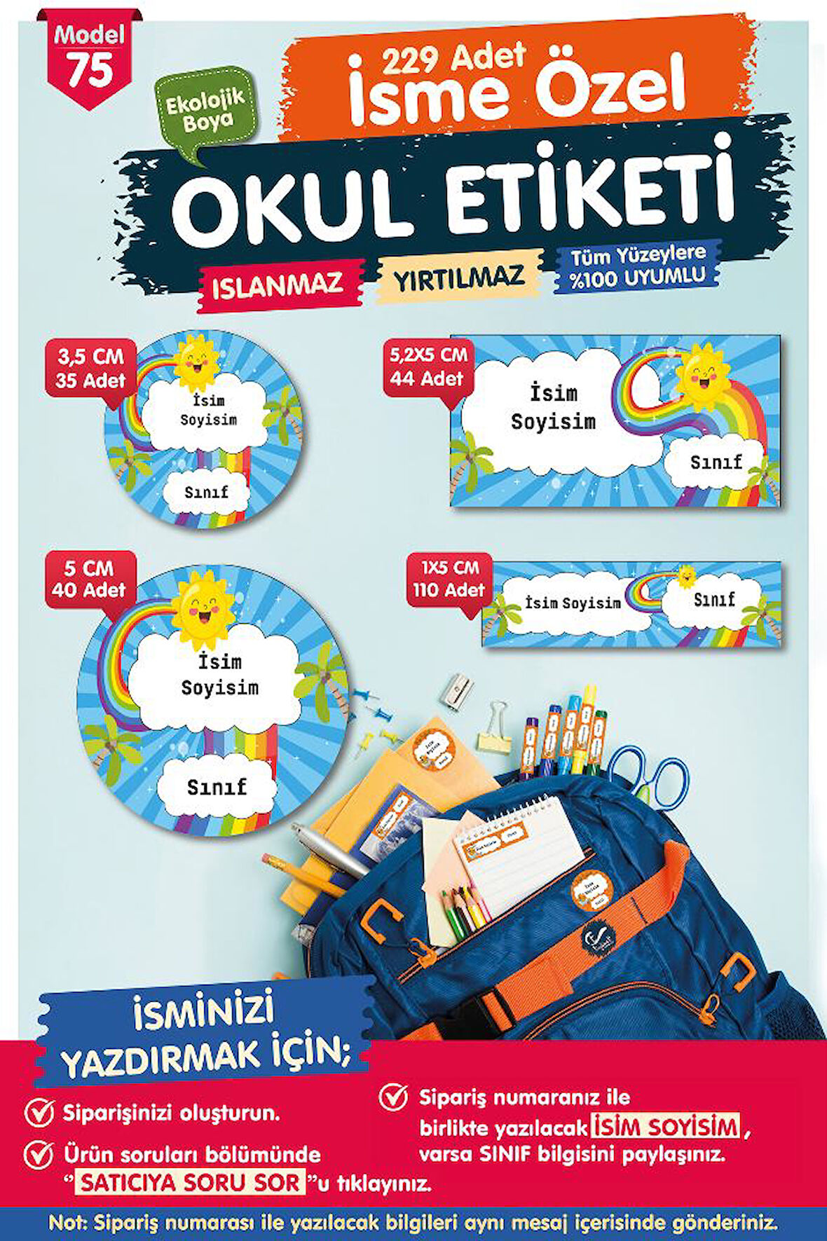 Okul Etiketi Kalem Defter Etiketi Özel İsim Yazılabilen Etiket Seti - İsim Etiketi-T521-OE75