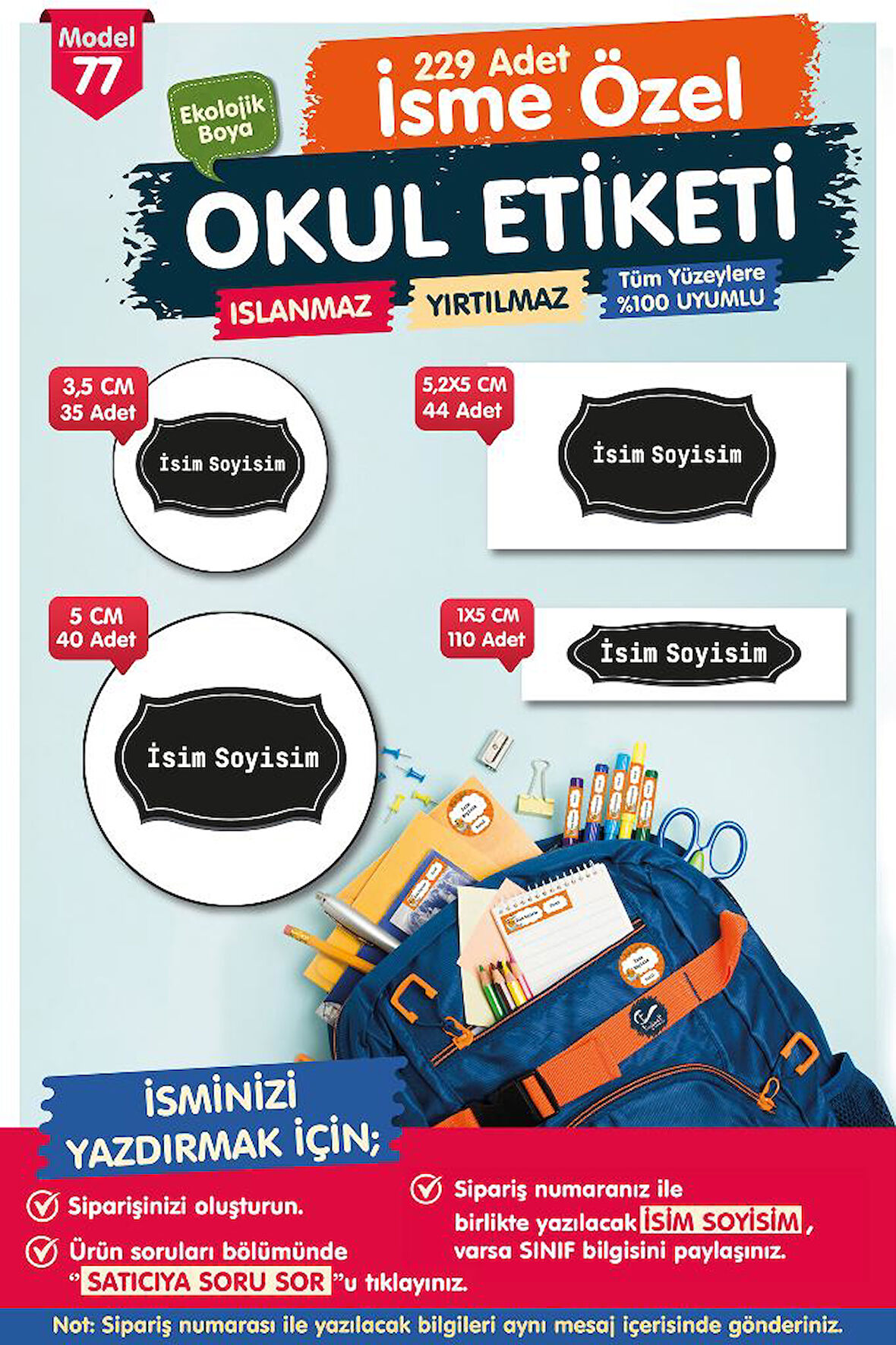 Okul Etiketi Kalem Defter Etiketi Özel İsim Yazılabilen Etiket Seti - İsim Etiketi-T522-OE77