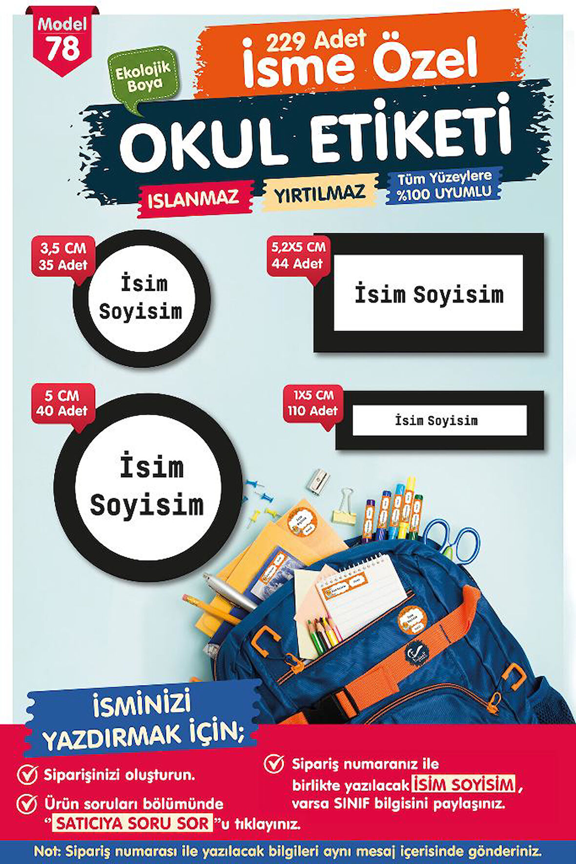 Okul Etiketi Kalem Defter Etiketi Özel İsim Yazılabilen Etiket Seti - İsim Etiketi-T523-OE78