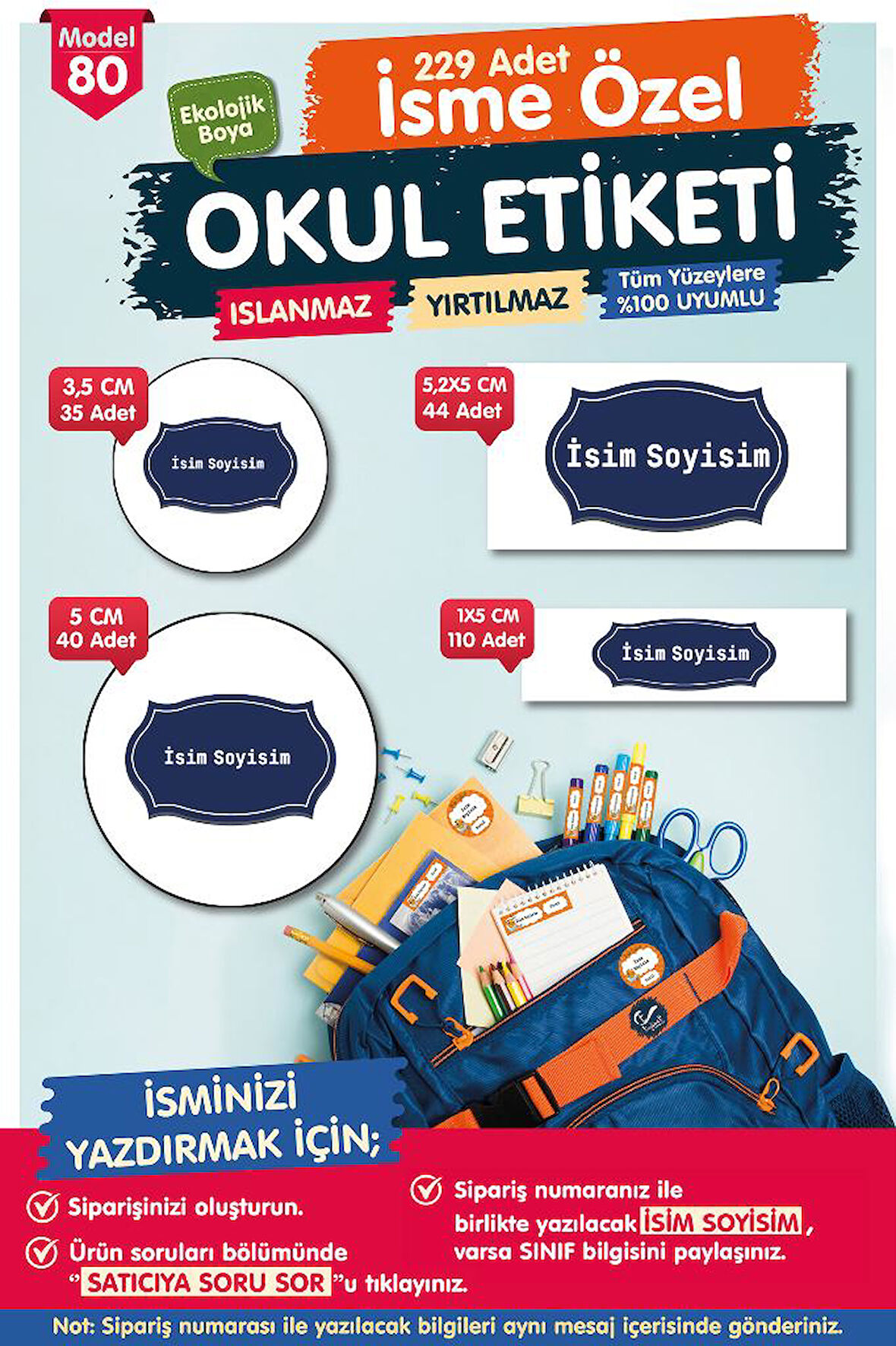 Okul Etiketi Kalem Defter Etiketi Özel İsim Yazılabilen Etiket Seti - İsim Etiketi-T525-OE80