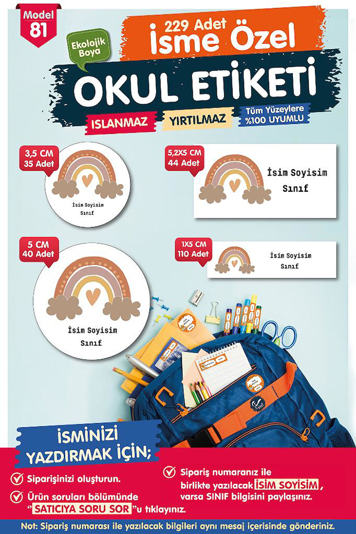 Okul Etiketi Kalem Defter Etiketi Özel İsim Yazılabilen Etiket Seti - İsim Etiketi-T526-OE81