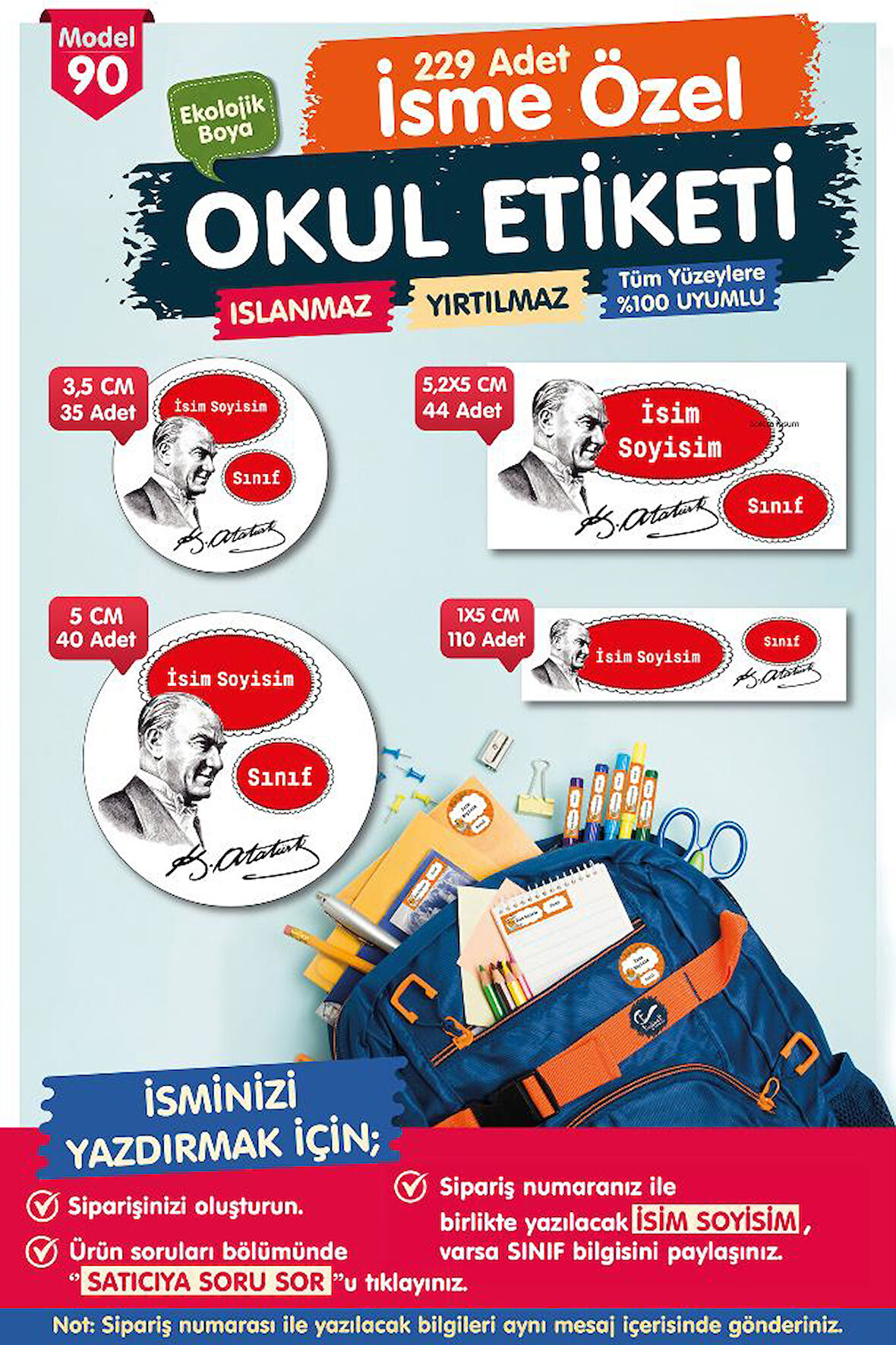 Okul Etiketi Kalem Defter Etiketi Özel İsim Yazılabilen Etiket Seti - İsim Etiketi-T535-OE90