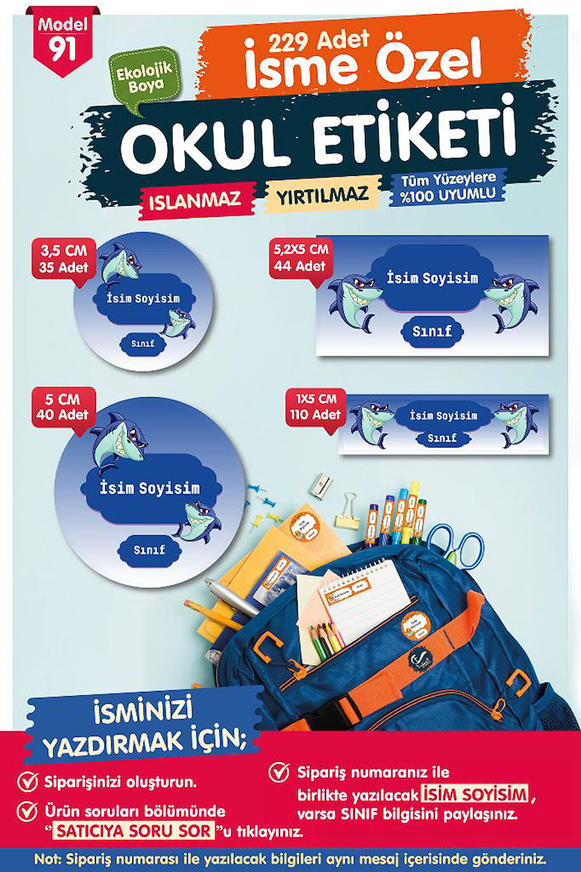 Okul Etiketi Kalem Defter Etiketi Özel İsim Yazılabilen Etiket Seti - İsim Etiketi-T537-OE91