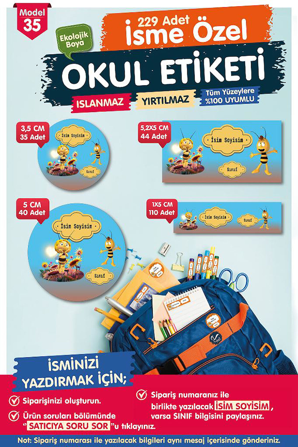 Okul Etiketi Kalem Defter Etiketi Özel İsim Yazılabilen Etiket Seti - İsim Etiketi-T541-OE35