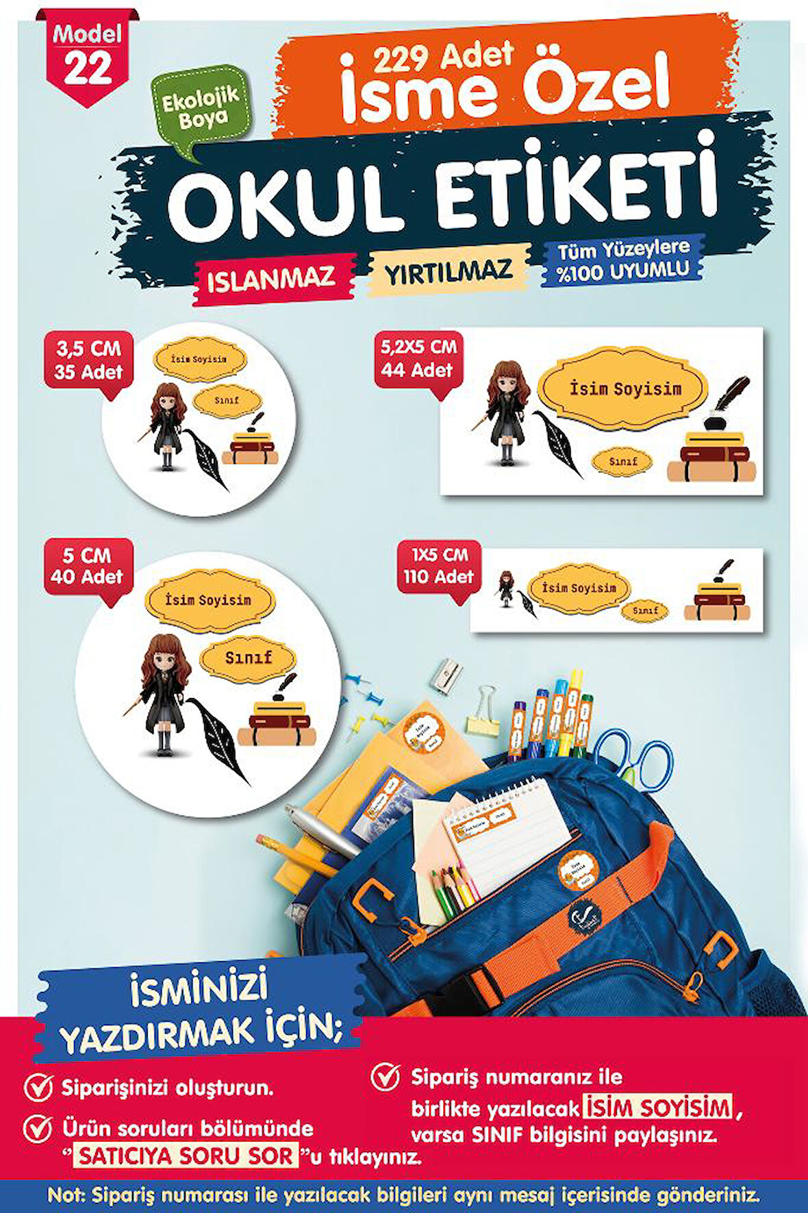 Okul Etiketi Hermione Kalem Defter Etiketi Özel İsim Yazılabilen Etiket Seti - İsim Etiketi-T554-OE22