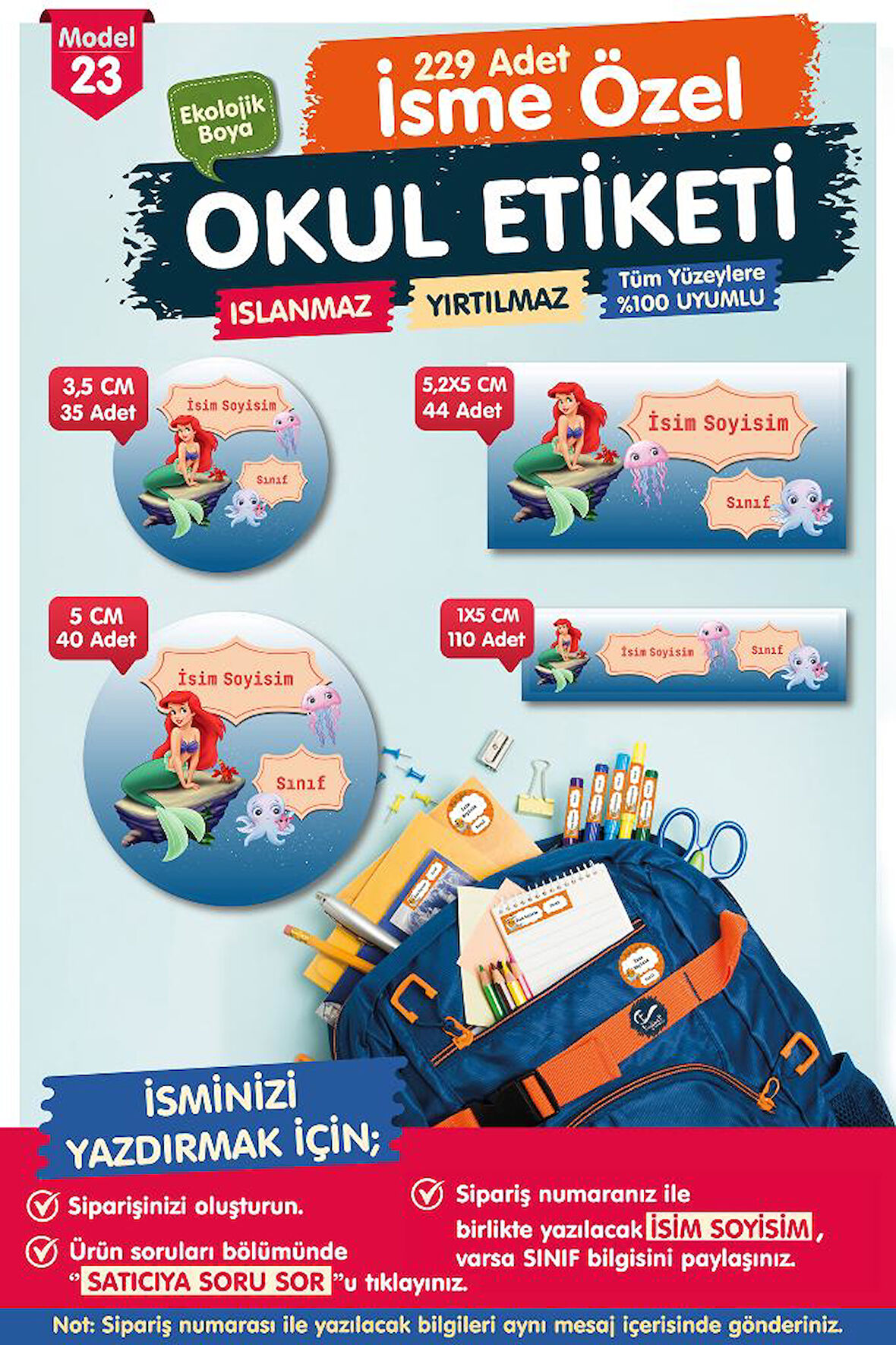 Okul Etiketi Deniz Kızı Ariel Kalem Defter Etiketi Özel İsim Yazılabilen Etiket Seti - İsim Etiketi-T555-OE23