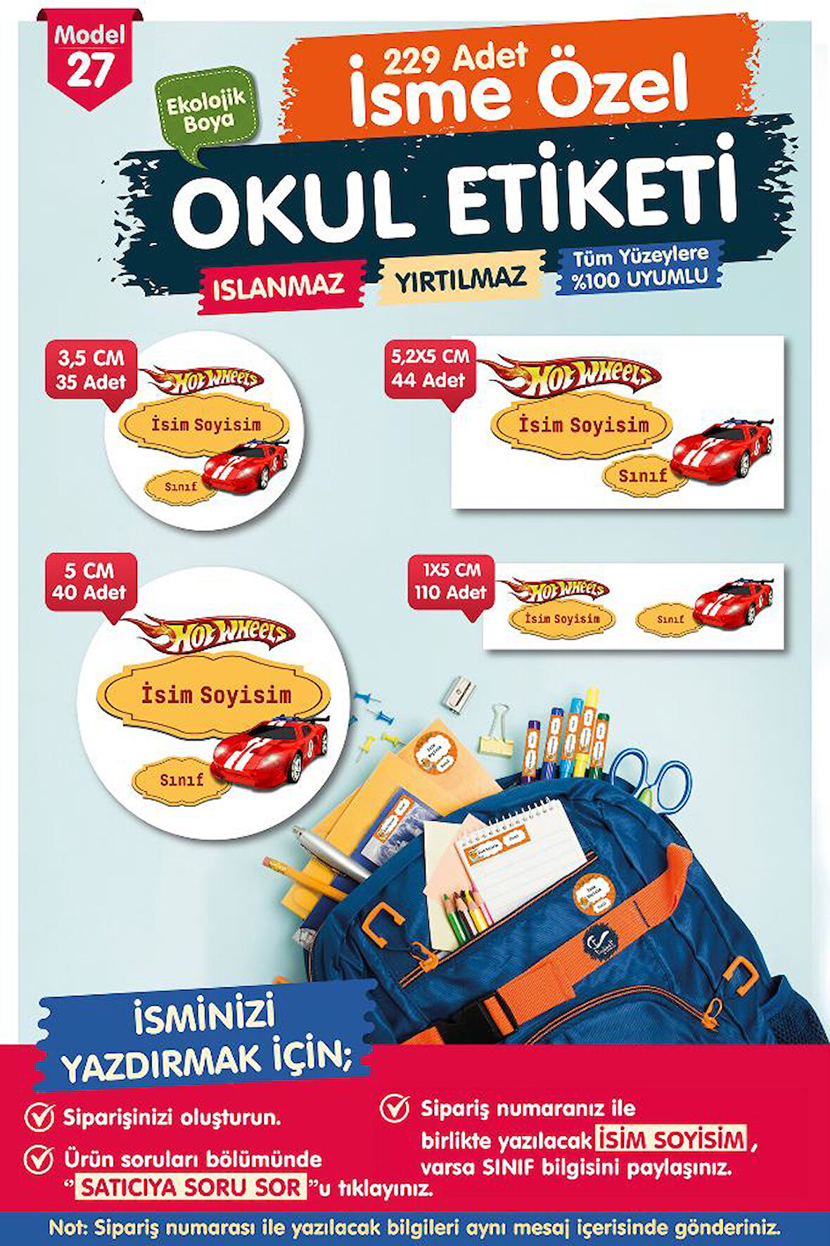 Okul Etiketi Hot Wheels Kalem Defter Etiketi Özel İsim Yazılabilen Etiket Seti - İsim Etiketi-T557-OE27