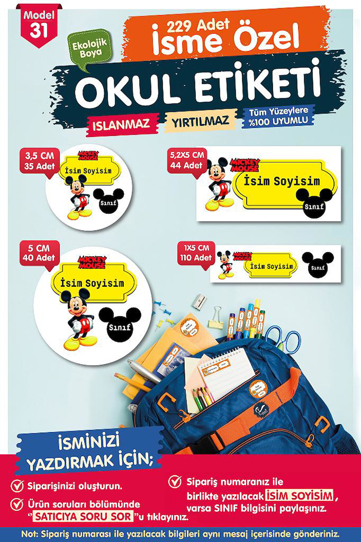 Okul Etiketi Mickey Mouse Kalem Defter Etiketi Özel İsim Yazılabilen Etiket Seti - İsim Etiketi-T560-OE31