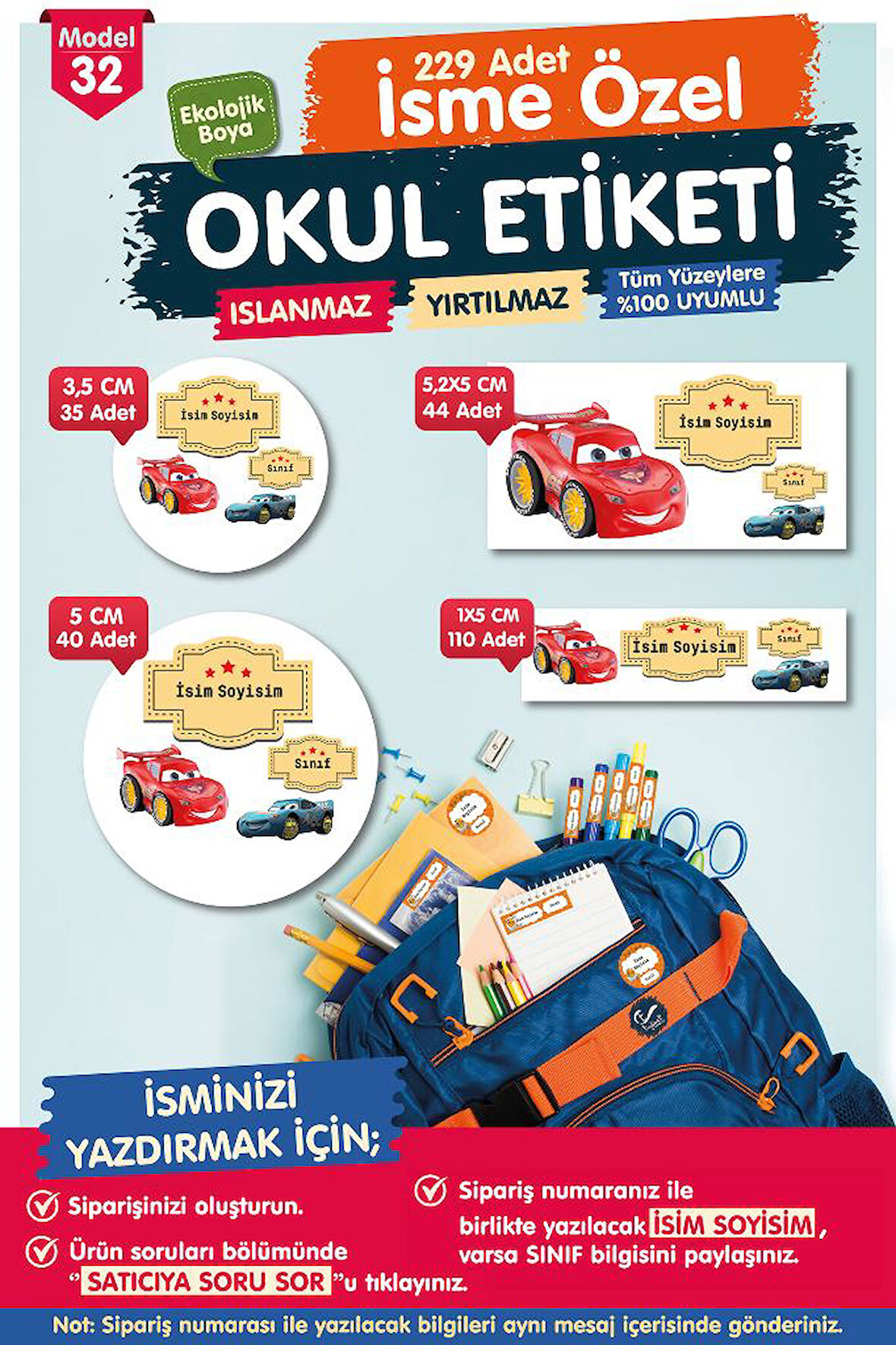 Okul Etiketi Şimşek Mcqueen Kalem Defter Etiketi Özel İsim Yazılabilen Etiket Seti - İsim Etiketi-T561-OE32