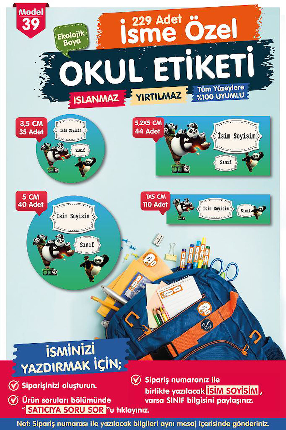 Okul Etiketi Kung fu Panda Kalem Defter Etiketi Özel İsim Yazılabilen Etiket Seti - İsim Etiketi-T567-OE39