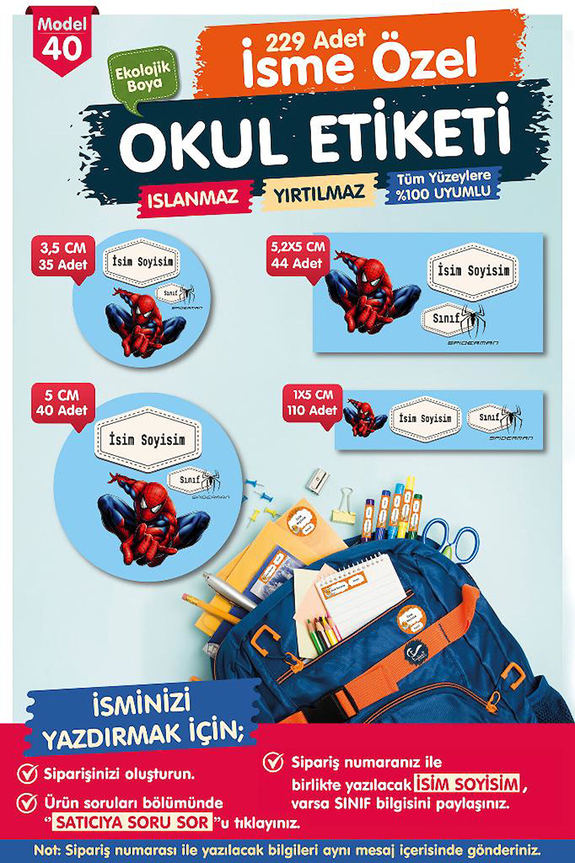 Okul Etiketi Spider Man Örümcek Adam Kalem Defter Etiketi Özel İsim Yazılabilen Etiket Seti - İsim Etiketi-T568-OE40