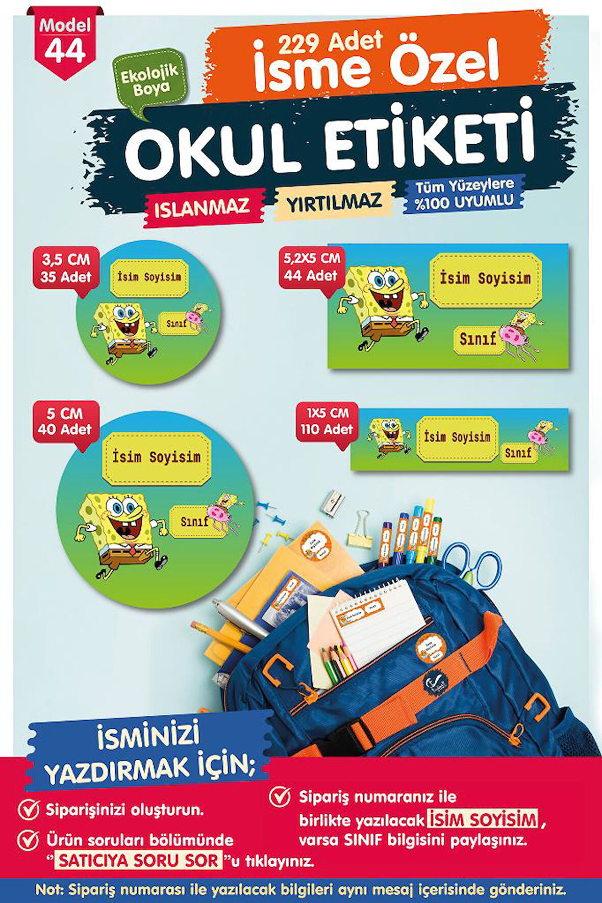 Okul Etiketi Sünger Bob Kalem Defter Etiketi Özel İsim Yazılabilen Etiket Seti - İsim Etiketi-T571-OE44