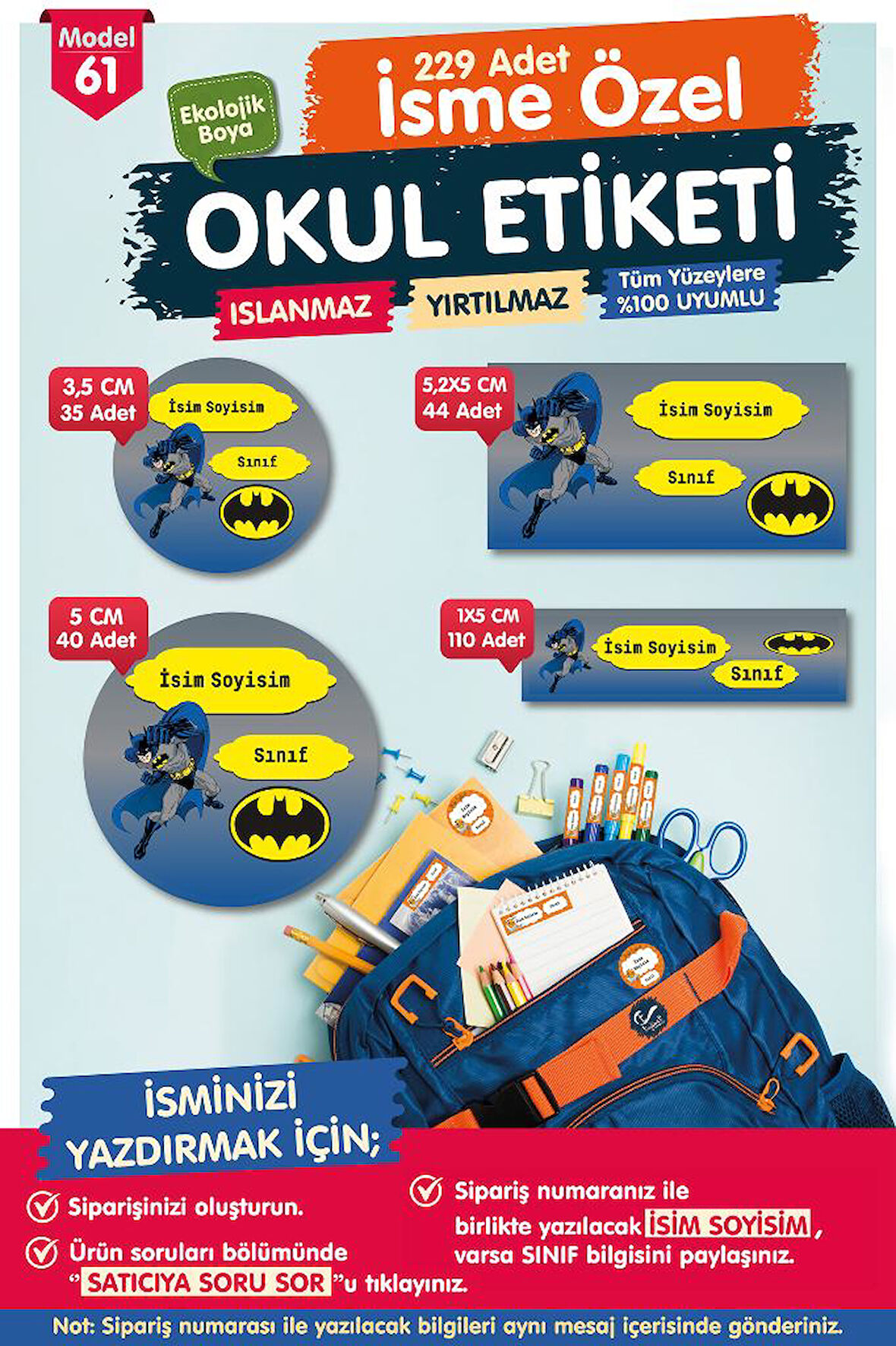 Okul Etiketi Batman Kalem Defter Etiketi Özel İsim Yazılabilen Etiket Seti - İsim Etiketi-T573-OE61