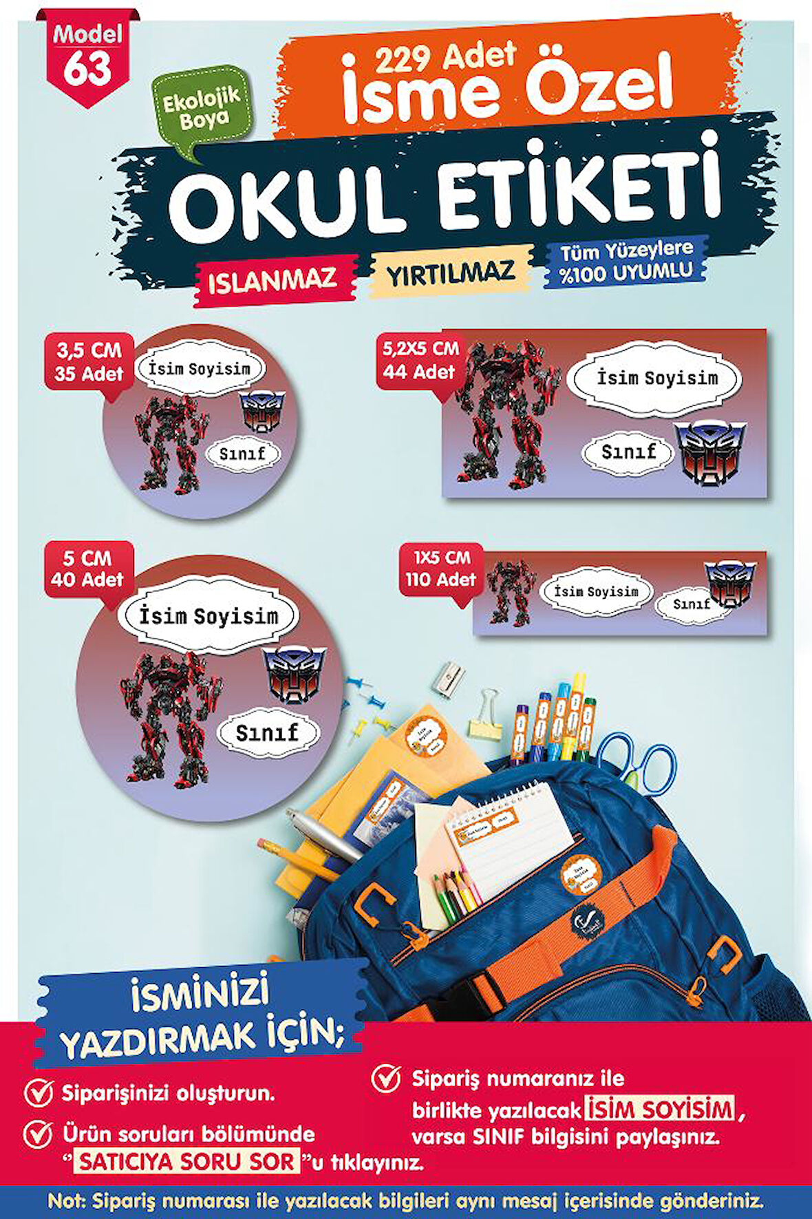 Okul Etiketi Transformers Kalem Defter Etiketi Özel İsim Yazılabilen Etiket Seti - İsim Etiketi-T575-OE63