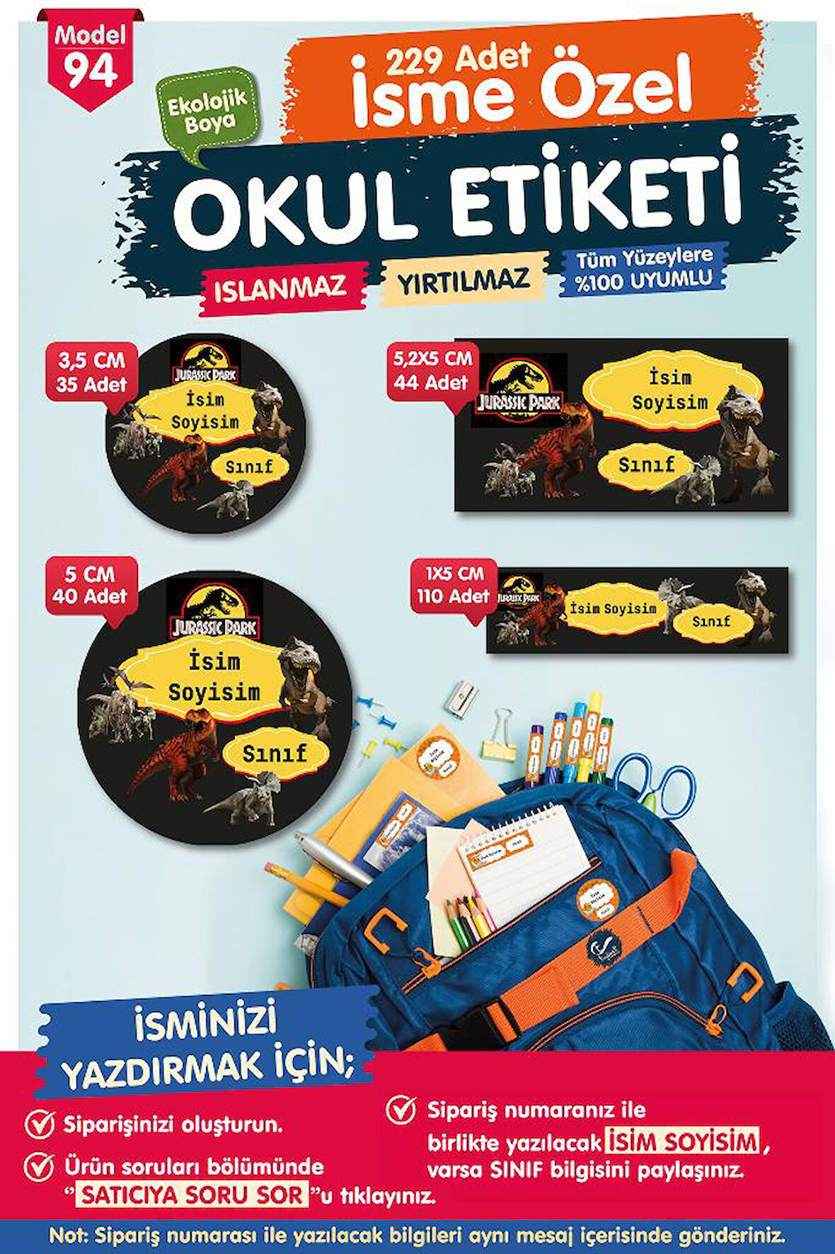 Okul Etiketi Jurassic Park Kalem Defter Etiketi Özel İsim Yazılabilen Etiket Seti - İsim Etiketi-T578-OE94