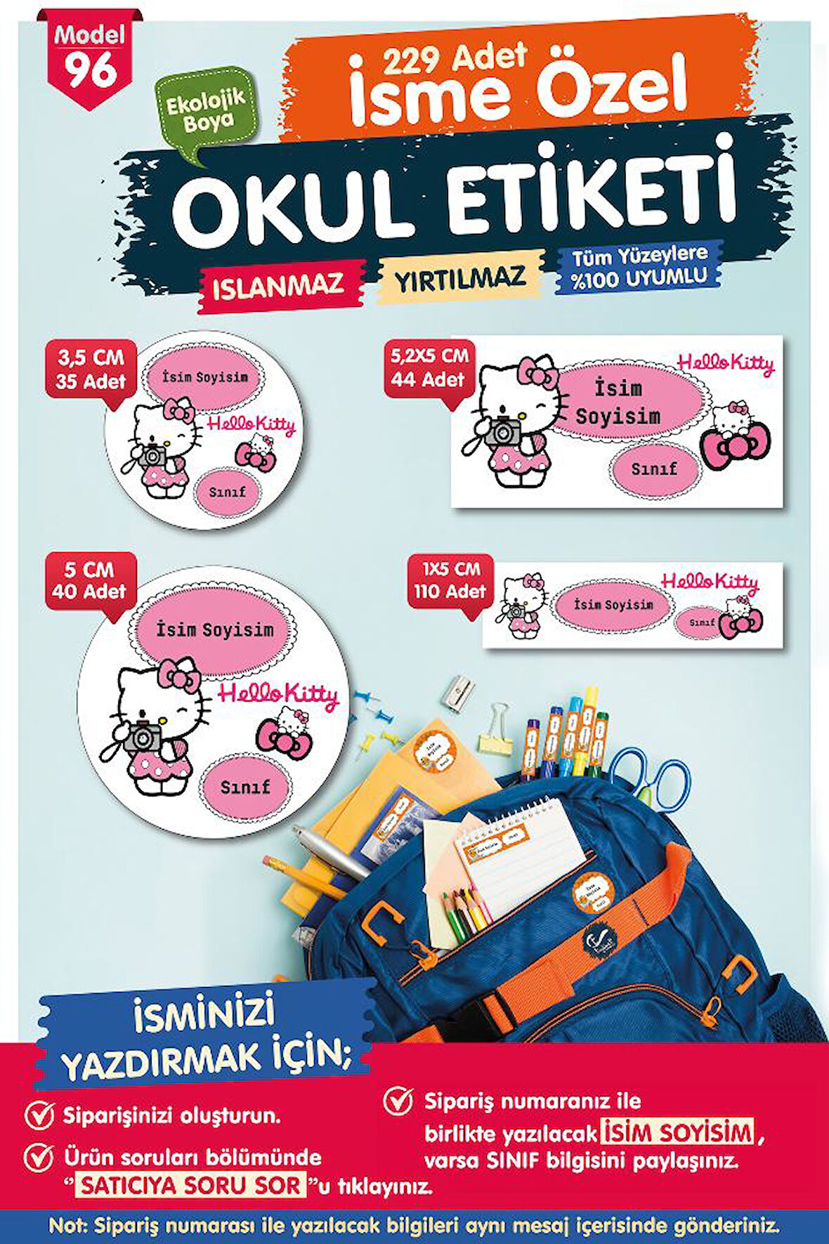 Okul Etiketi Hello Kitty  Kalem Defter Etiketi Özel İsim Yazılabilen Etiket Seti - İsim Etiketi-T583