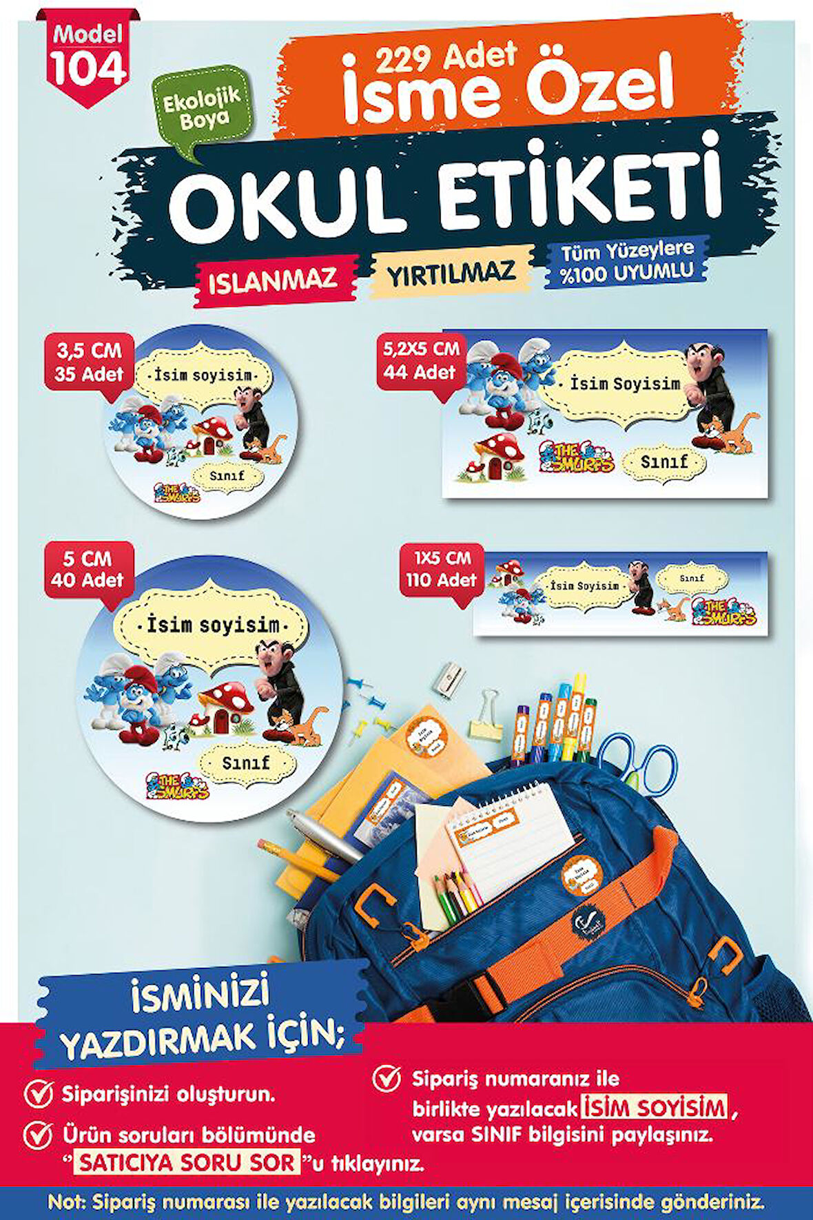 Okul Etiketi Şirinler Gargamel Kalem Defter Etiketi Özel İsim Yazılabilen Etiket Seti - İsim Etiketi-T586-OE104