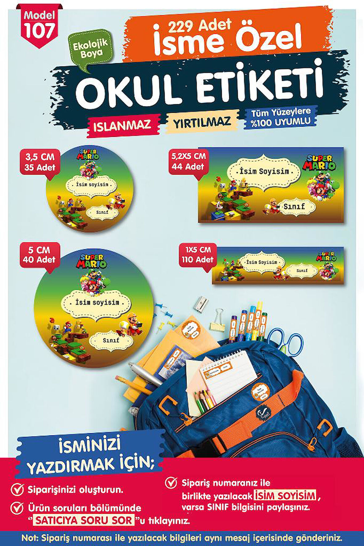 Okul Etiketi Süper Mario Kalem Defter Etiketi Özel İsim Yazılabilen Etiket Seti - İsim Etiketi-T588-OE107