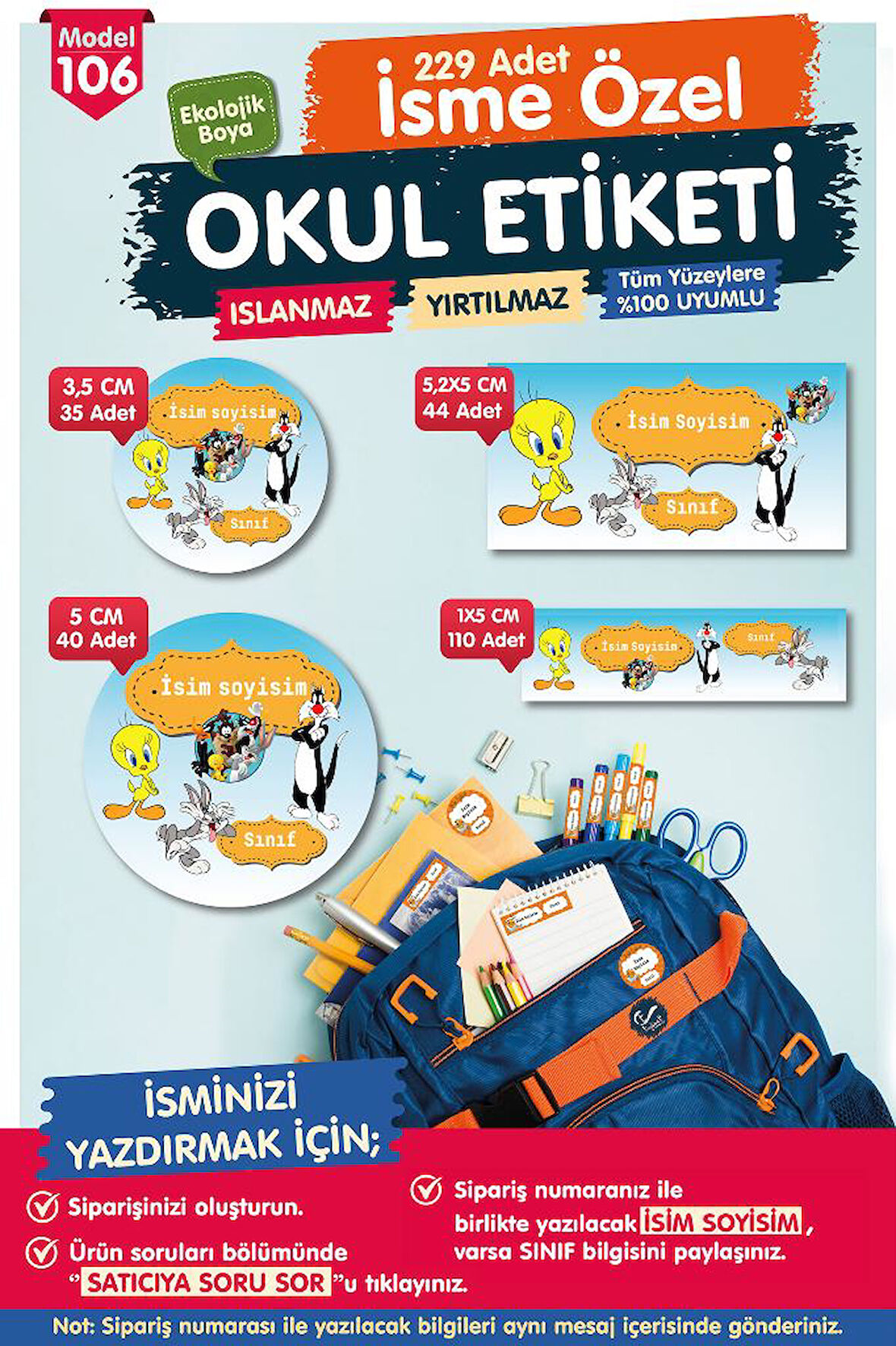 Okul Etiketi Twetty  Kalem Defter Etiketi Özel İsim Yazılabilen Etiket Seti - İsim Etiketi-T589-OE106