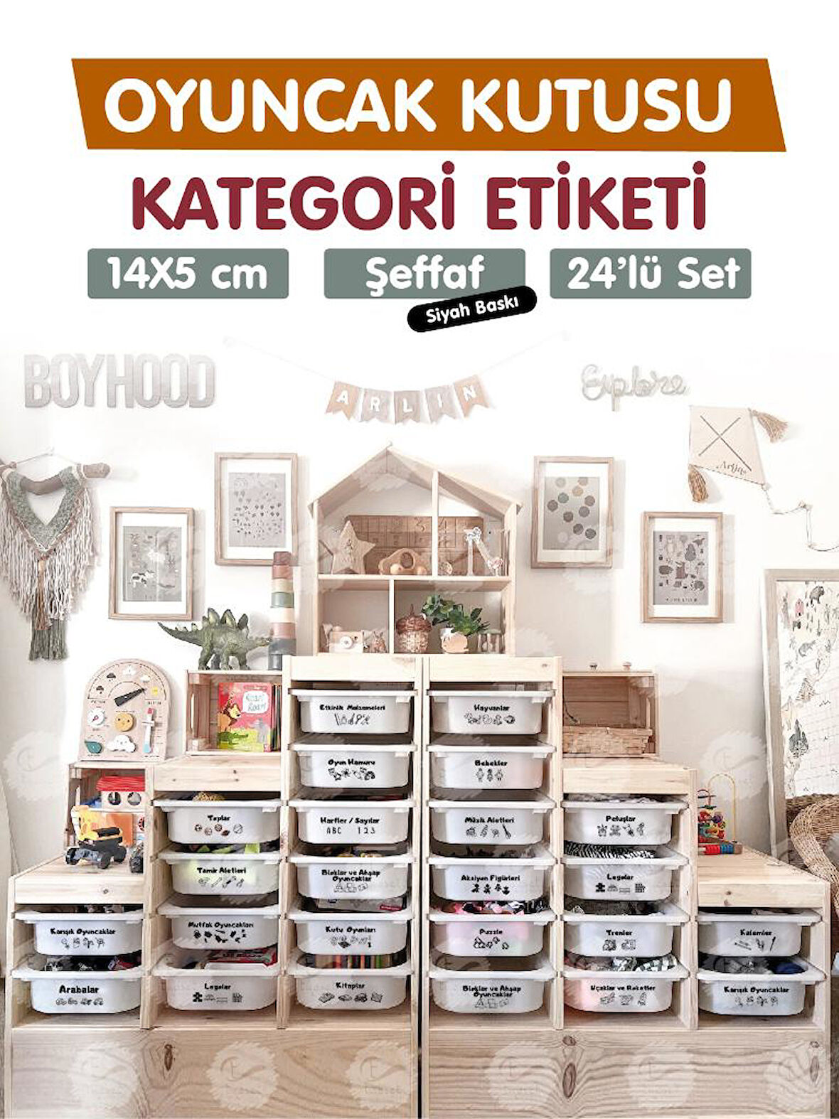 Oyuncak Dolabı Kutusu Kategori Etiketi Türkçe, Organizer Etiketi Şeffaf Etiket Düzenleme Organizer Siyah-T942